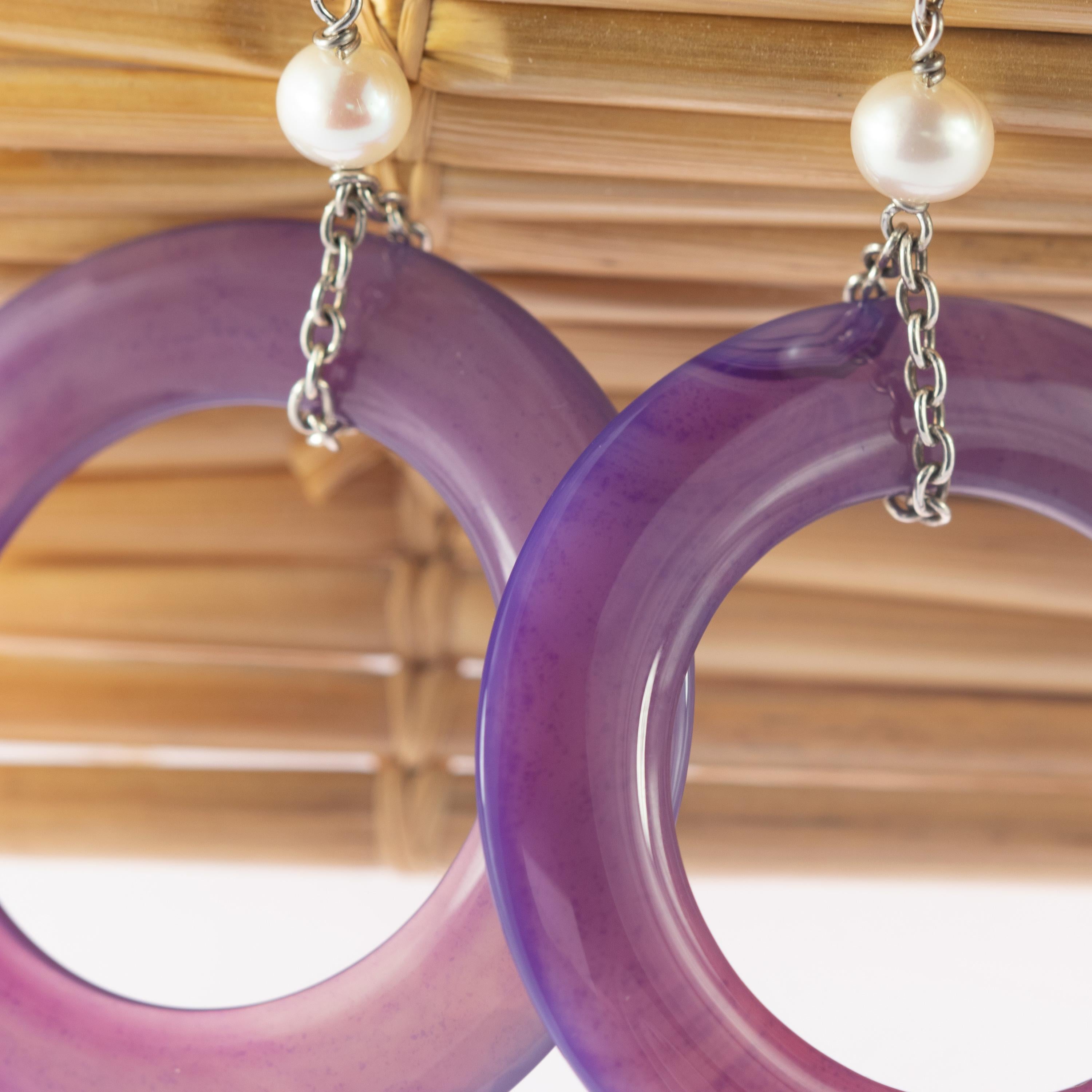 Kreis Bold Lila Achat Süßwasserperlen Donut Sterlingsilber Tropfenohrringe Damen im Angebot