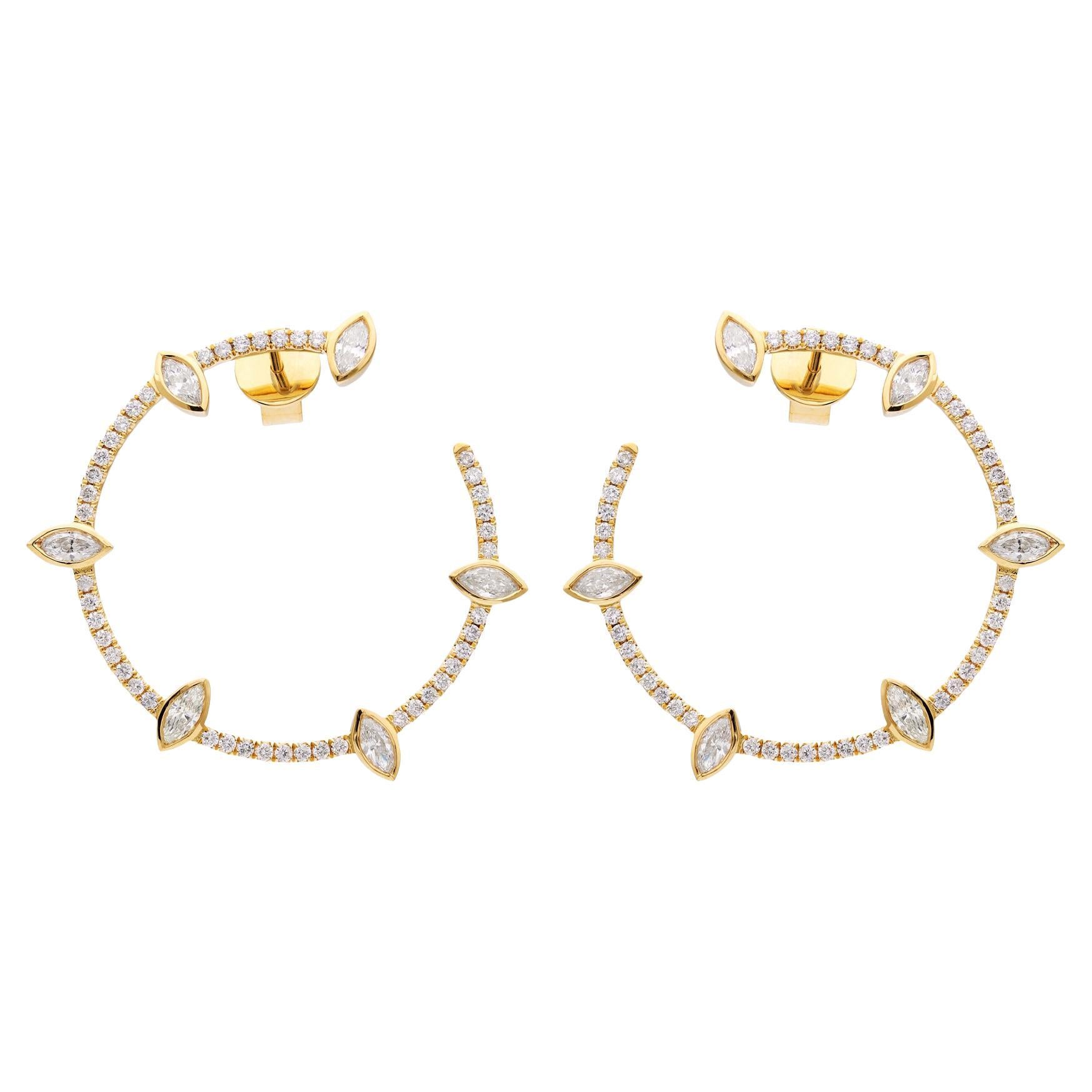 RUCHI Marquise-Cut Diamond Yellow Gold Crescent Hoop Earrings For Sale