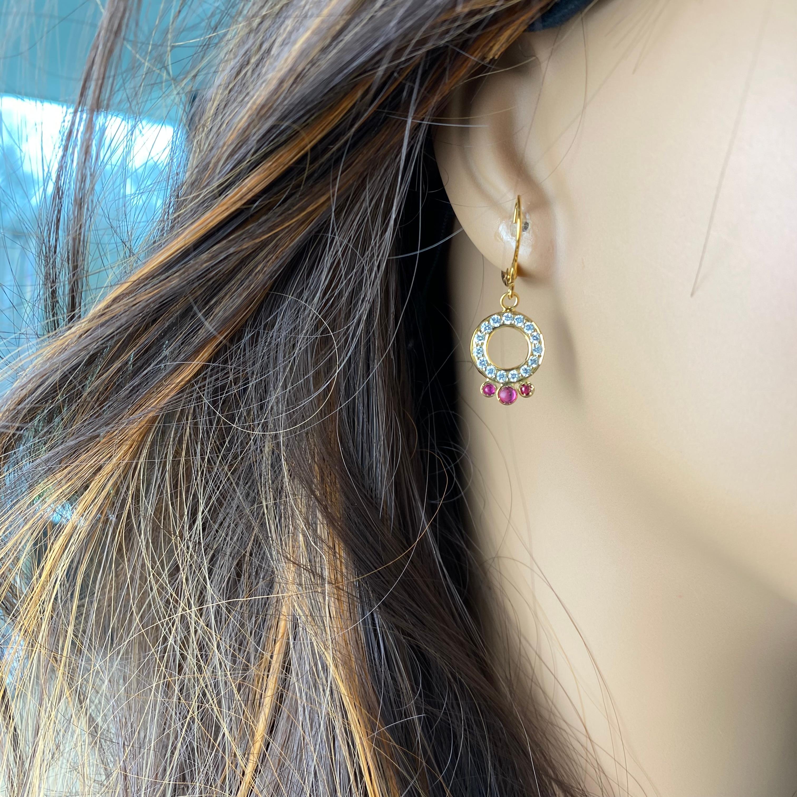 Circle Diamond 0.50 Inch with Rubies Dangles Leverback Hoop 14K Gold Earrings For Sale 5