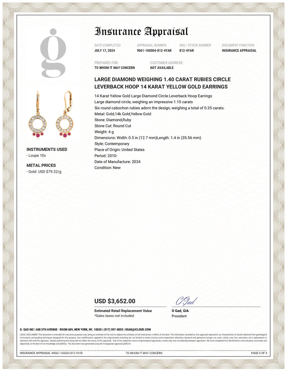 Contemporary Circle Diamond 0.50 Inch with Rubies Dangles Leverback Hoop 14K Gold Earrings For Sale