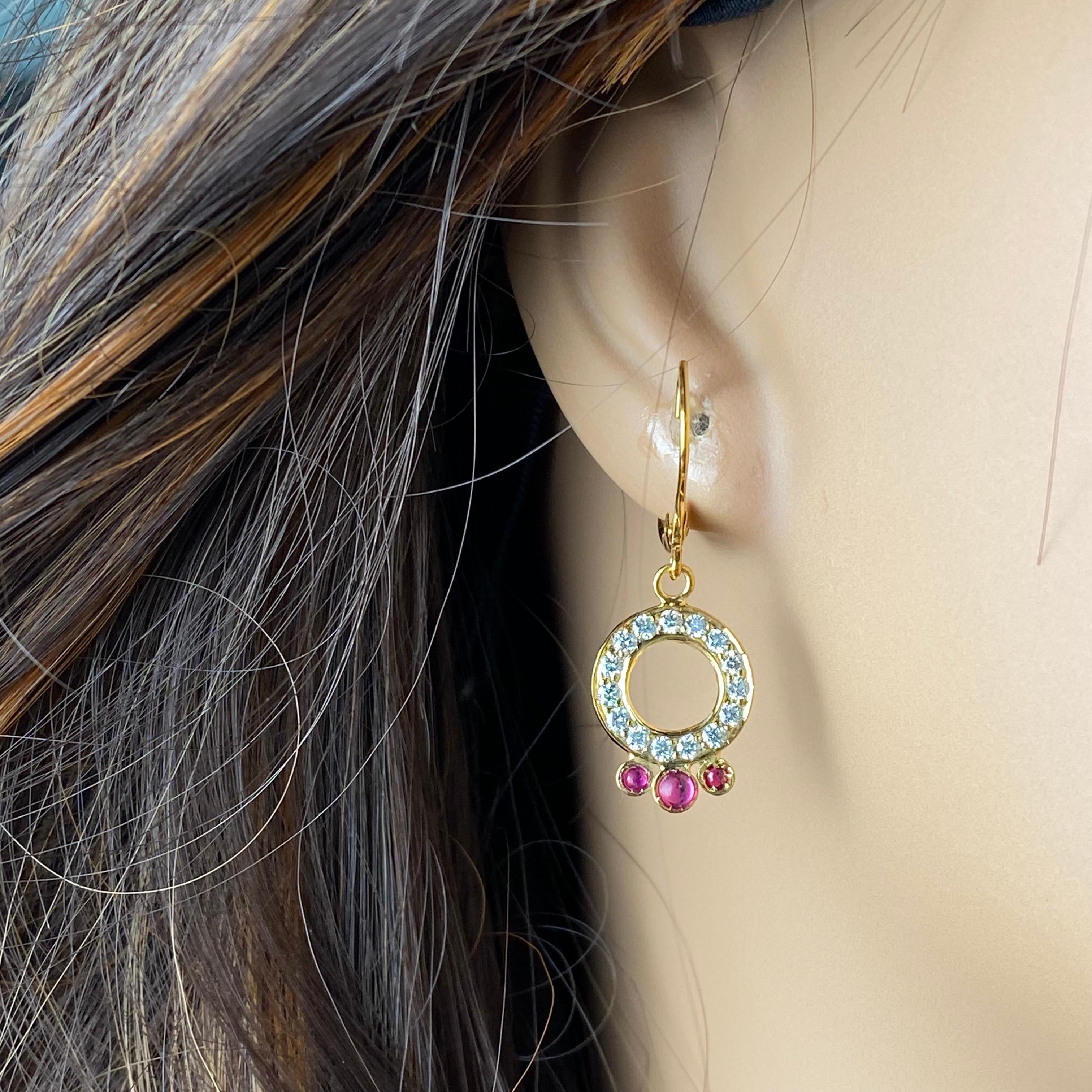 Round Cut Circle Diamond 0.50 Inch with Rubies Dangles Leverback Hoop 14K Gold Earrings For Sale