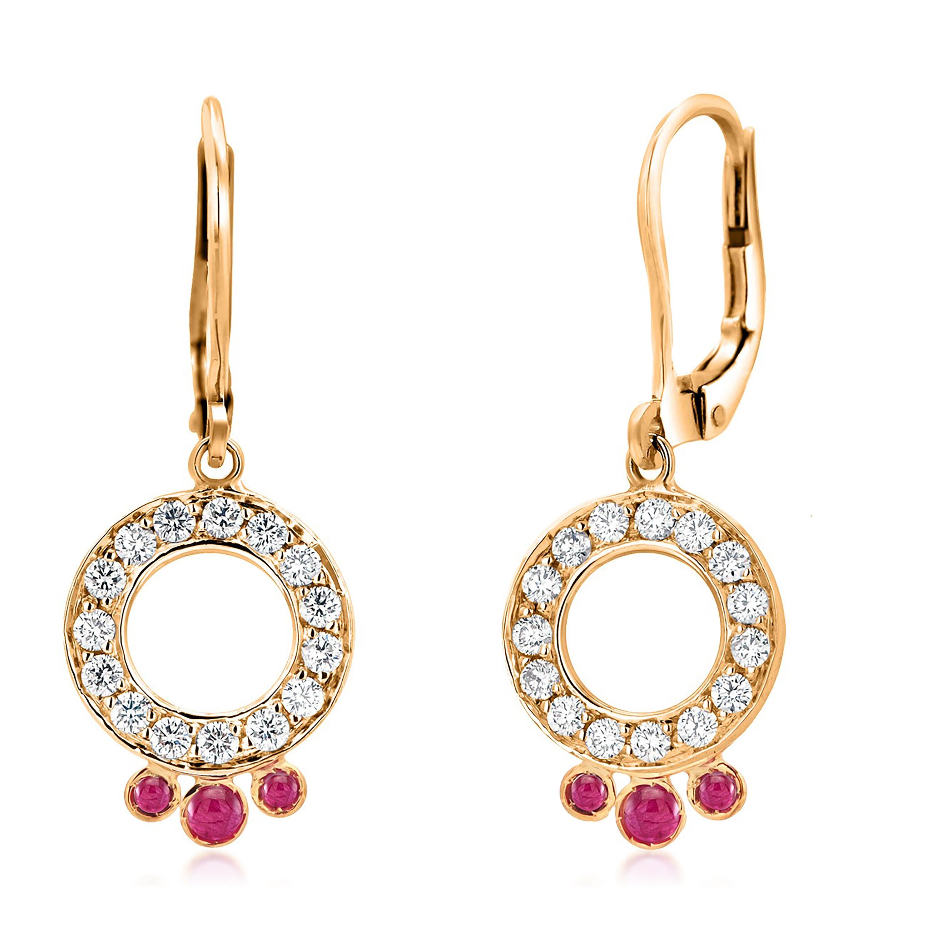 Women's Circle Diamond 0.50 Inch with Rubies Dangles Leverback Hoop 14K Gold Earrings For Sale