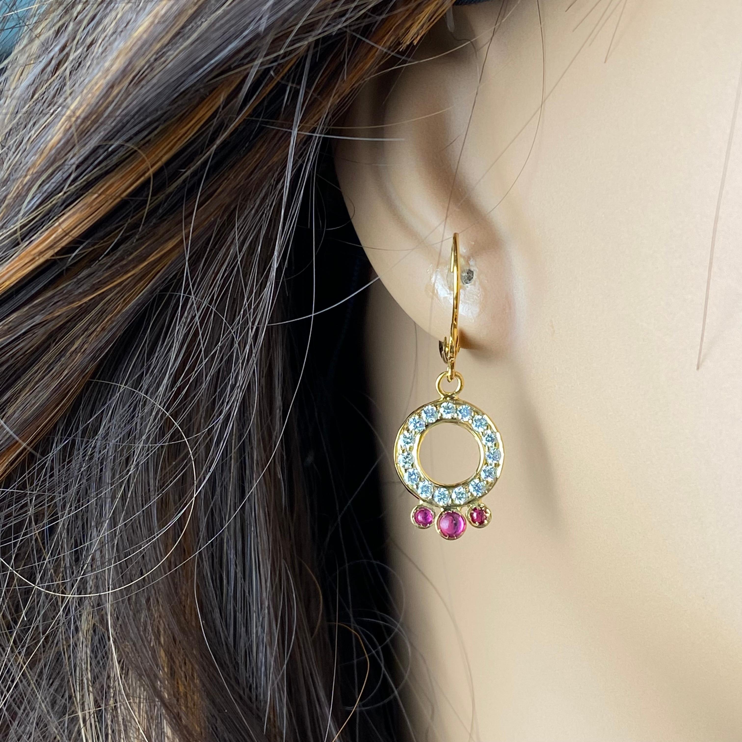 Circle Diamond 0.50 Inch with Rubies Dangles Leverback Hoop 14K Gold Earrings For Sale 1