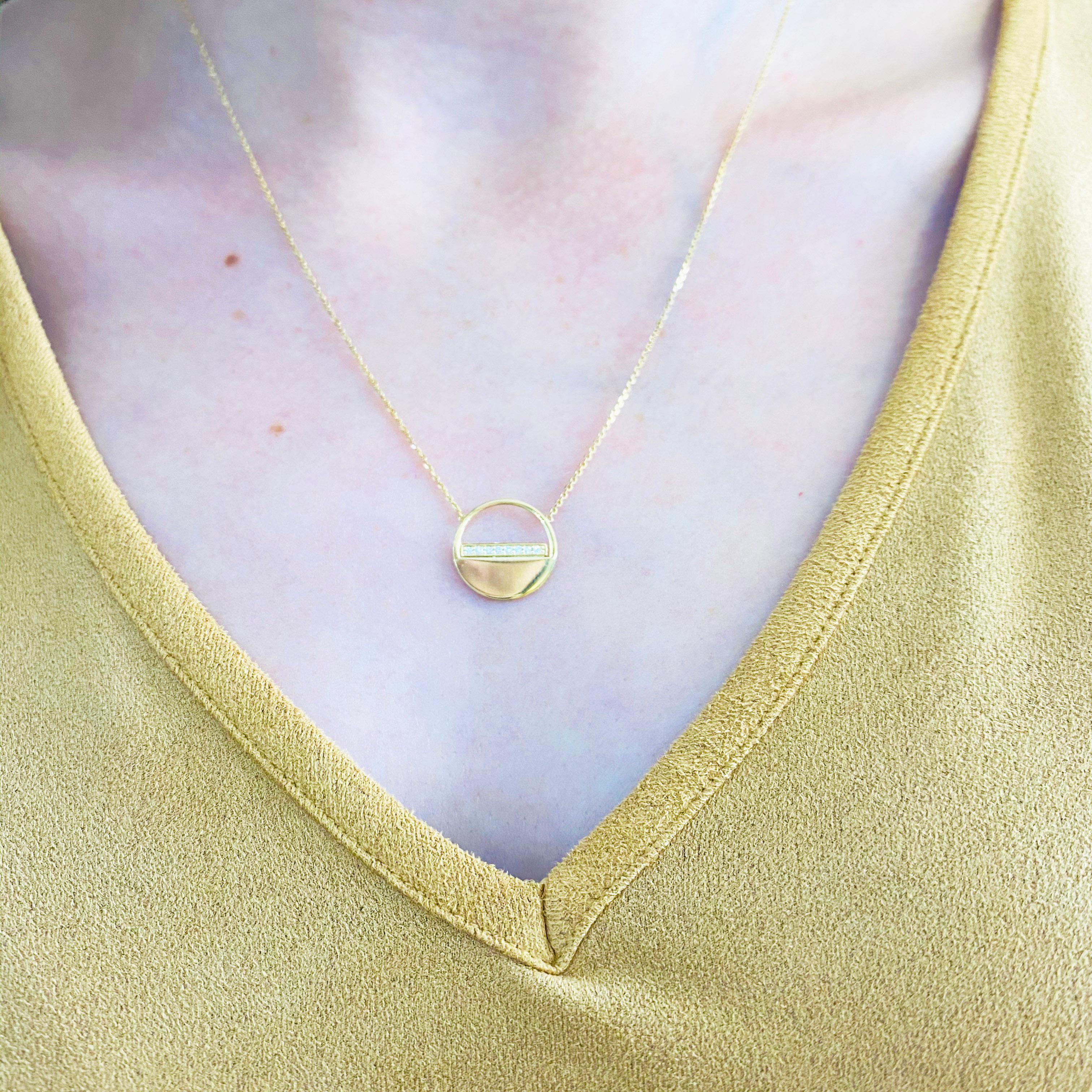 This gorgeous 14k yellow gold disk pendant dripping with diamonds is the perfect mix between classic and trendy! This necklace is very fashionable and can add a touch of style to any outfit, yet it is also classy enough to pair easily with formal