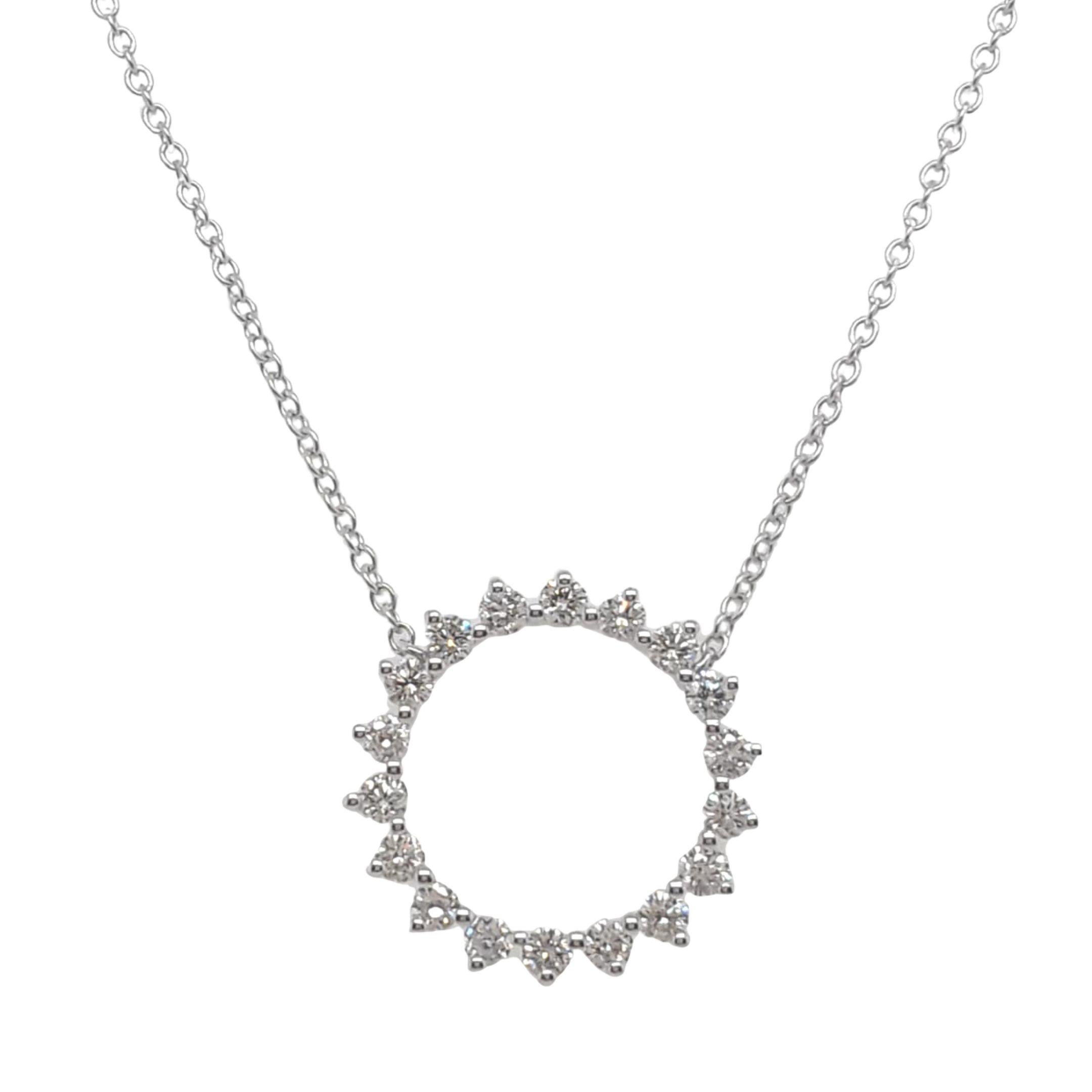 Circle Diamond Pendant Necklace made with real/natural brilliant cut diamonds. Diamond Weight: 0.53 carats, Diamond Quantity: 18 round diamonds. Mounted on 18 karat white gold.