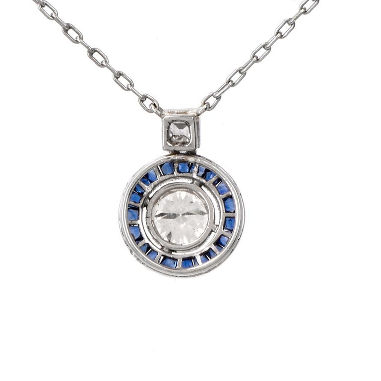 Circle Diamond Sapphire Pendant Platinum Chain Necklace For Sale at 1stdibs