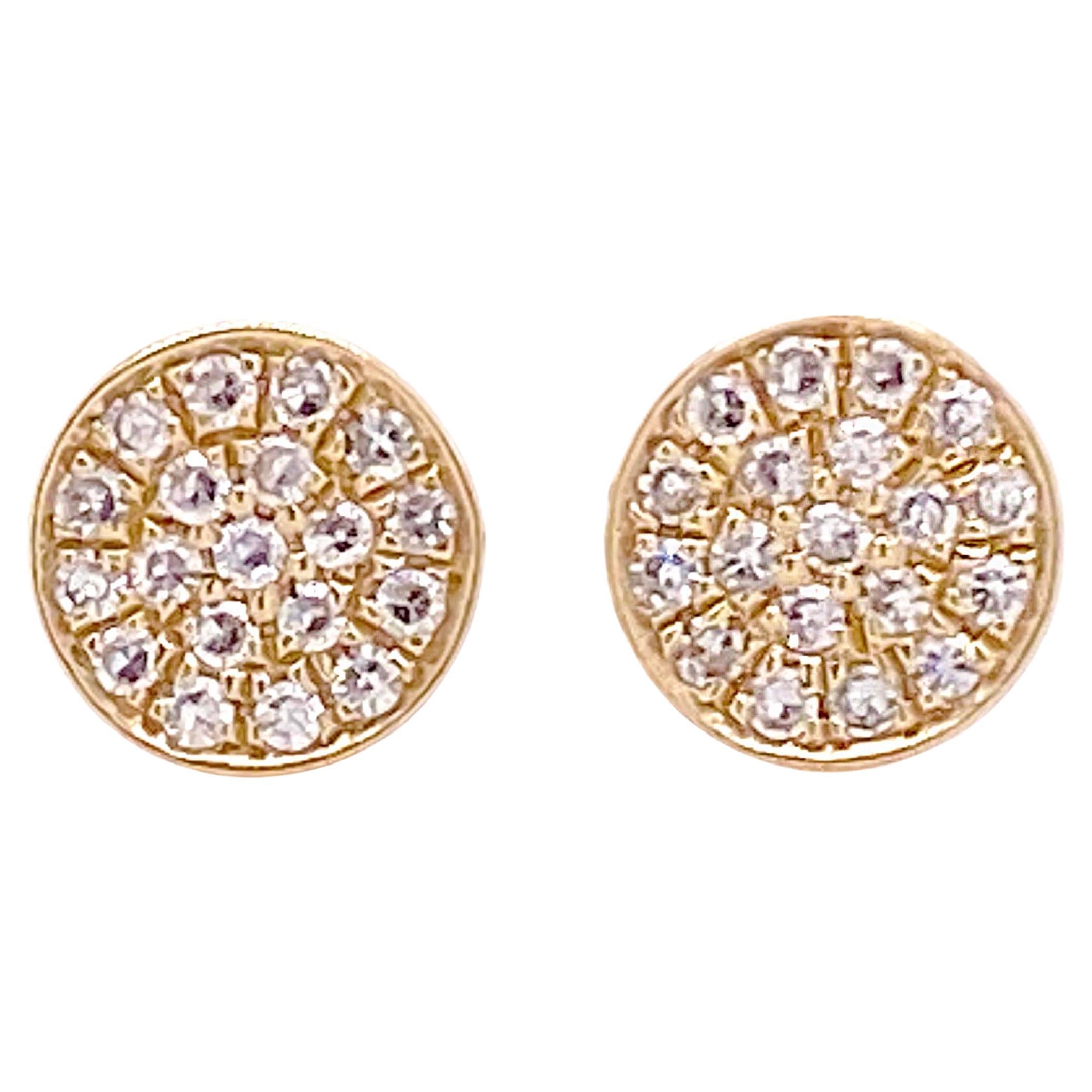 Circle Diamond Studs w Pave Diamond Round Post Earrings, 14k Yellow Gold