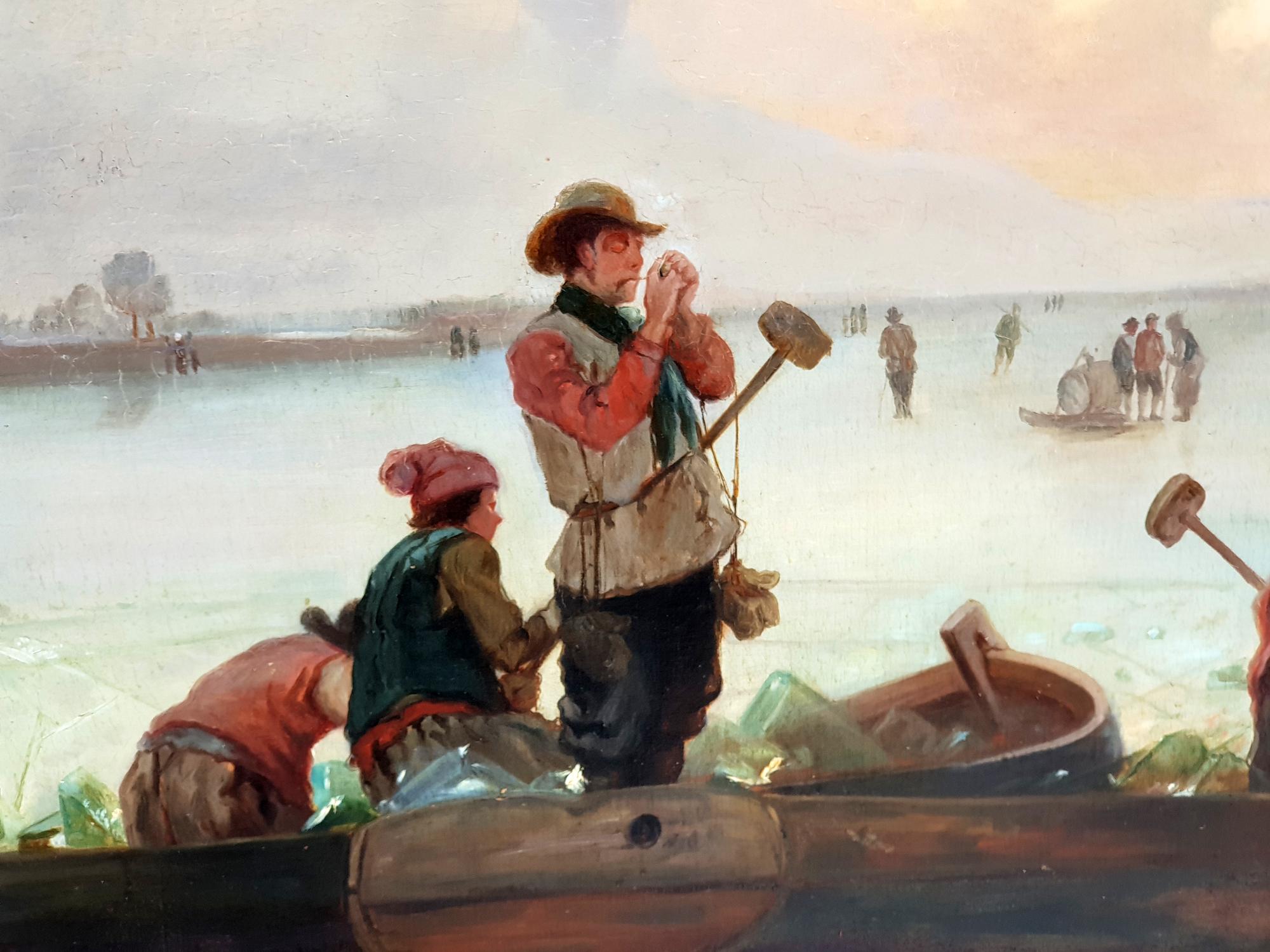 Hand-Painted Circle/Follower of Fredrik Marinus Kruseman, Winter At The Lake, 1880s