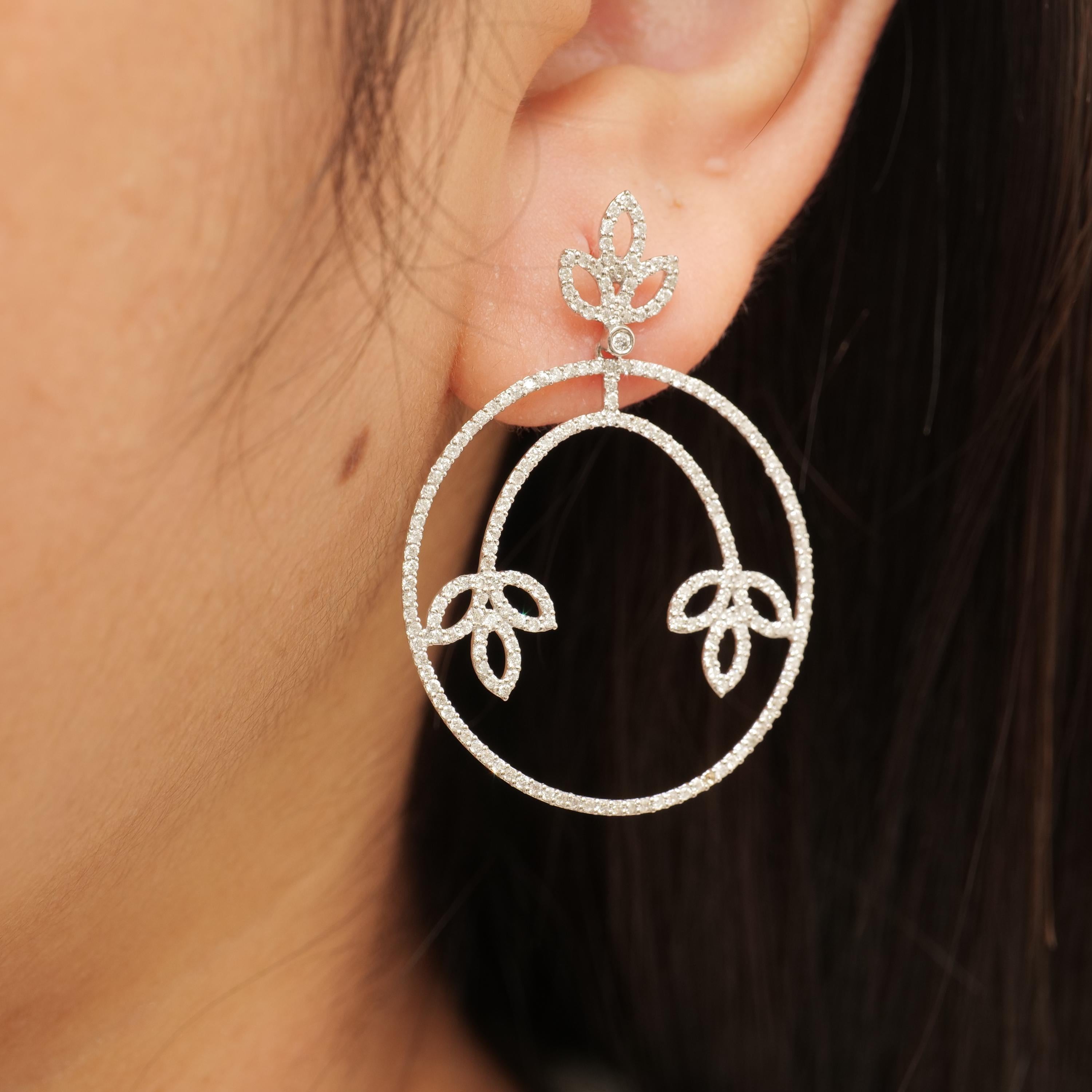 Pendientes de Diamantes Círculo Hoja Colgantes de Oro Macizo de 14k (Certificados) Art Decó en venta