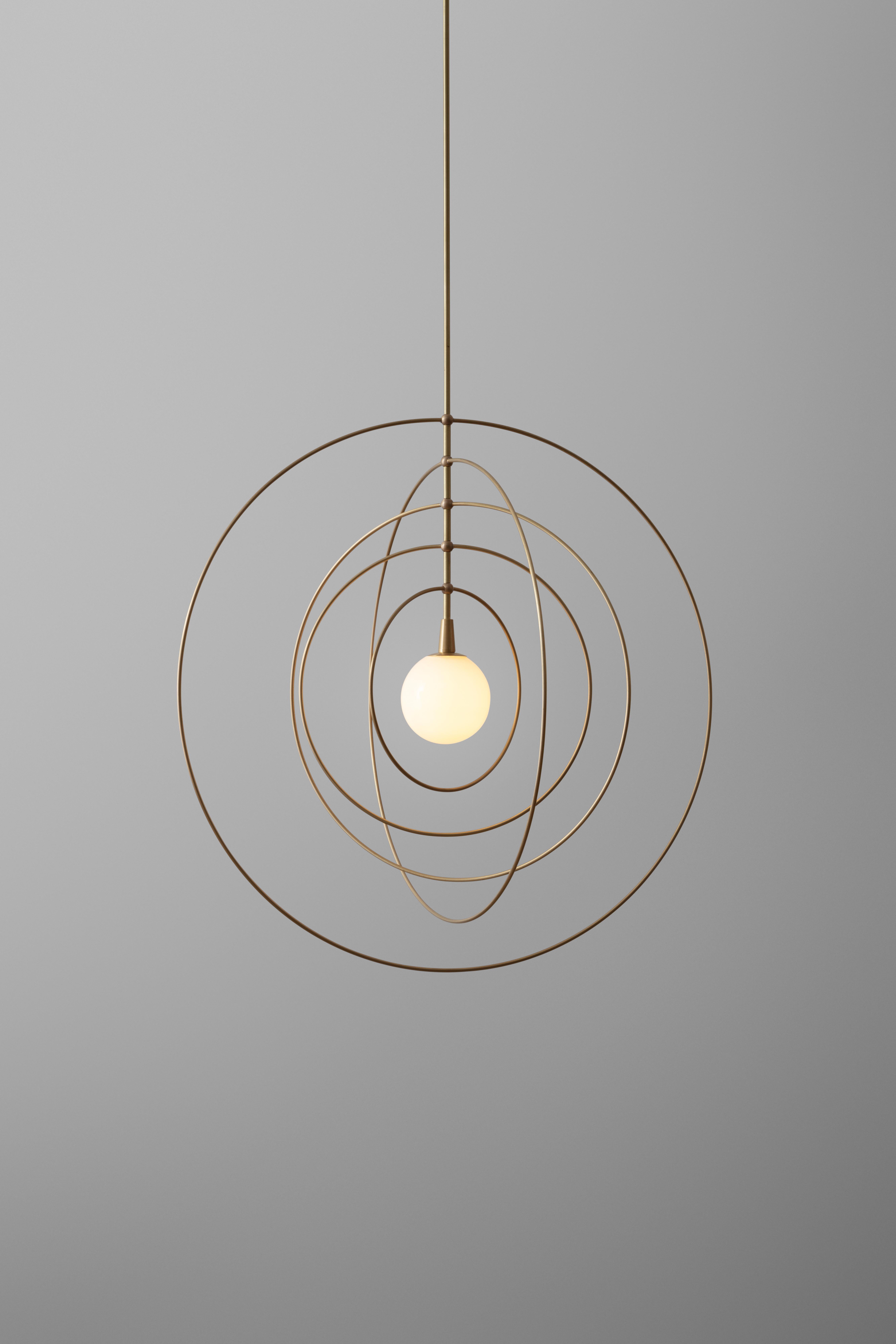 American Circle Mobile Pendant LED Kinetic Sculpture with Blown Glass and Brass Rings For Sale