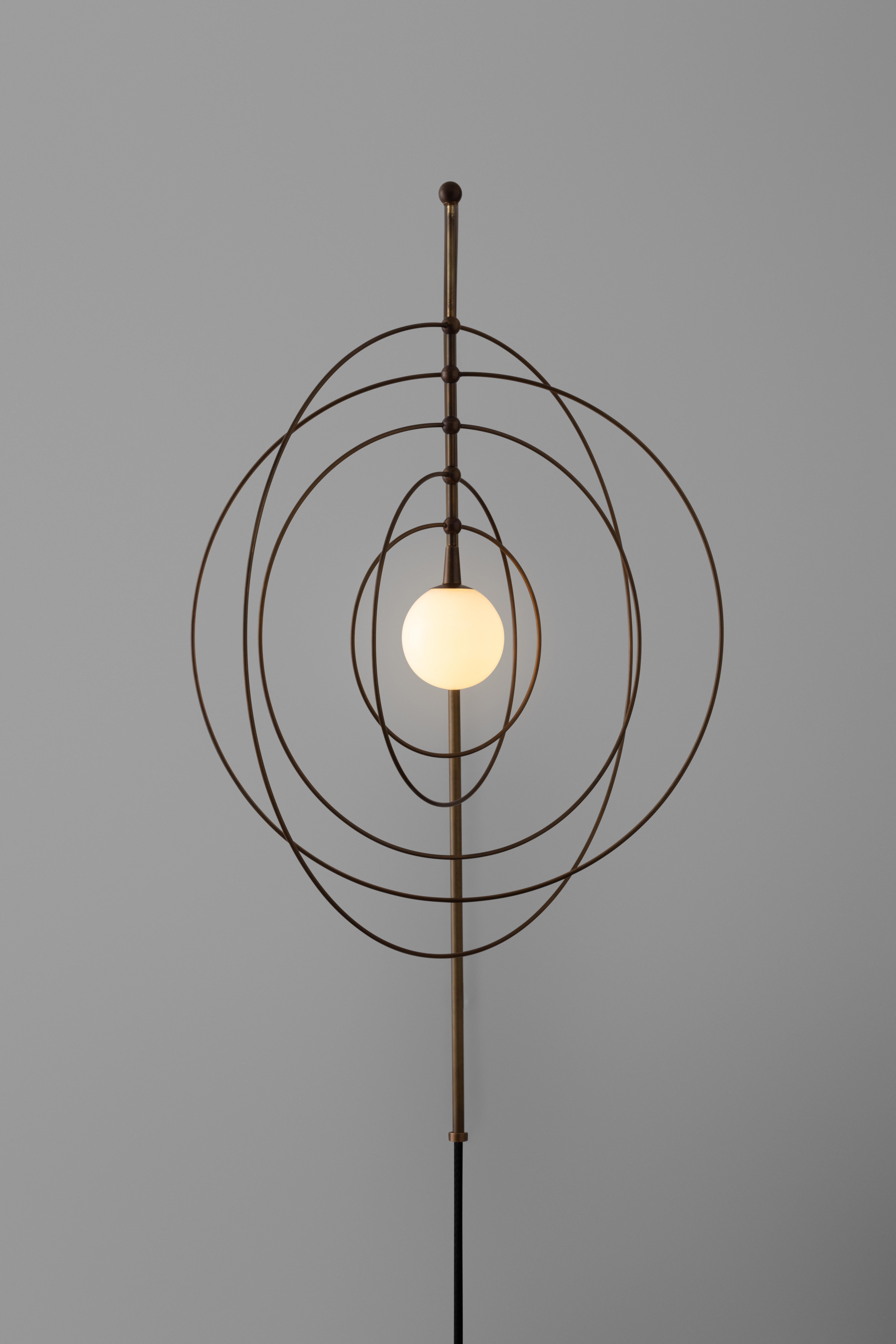 Modern Circle Mobile Sconce LED Kinetic Sculpture with Blown Glass and Brass Rings For Sale
