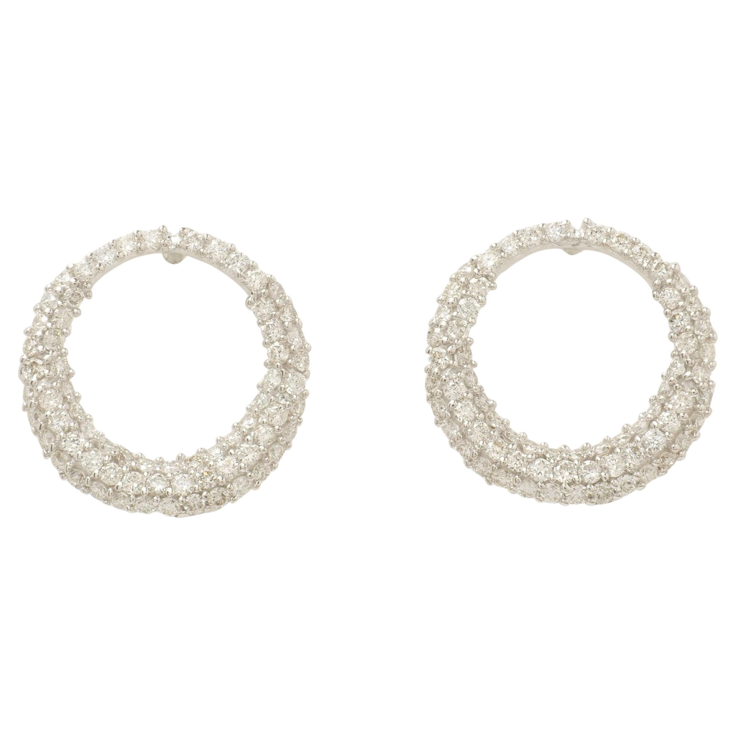 Circle Natural Diamond Stud Hoop Earrings in 14K Solid Gold (Certified) For Sale