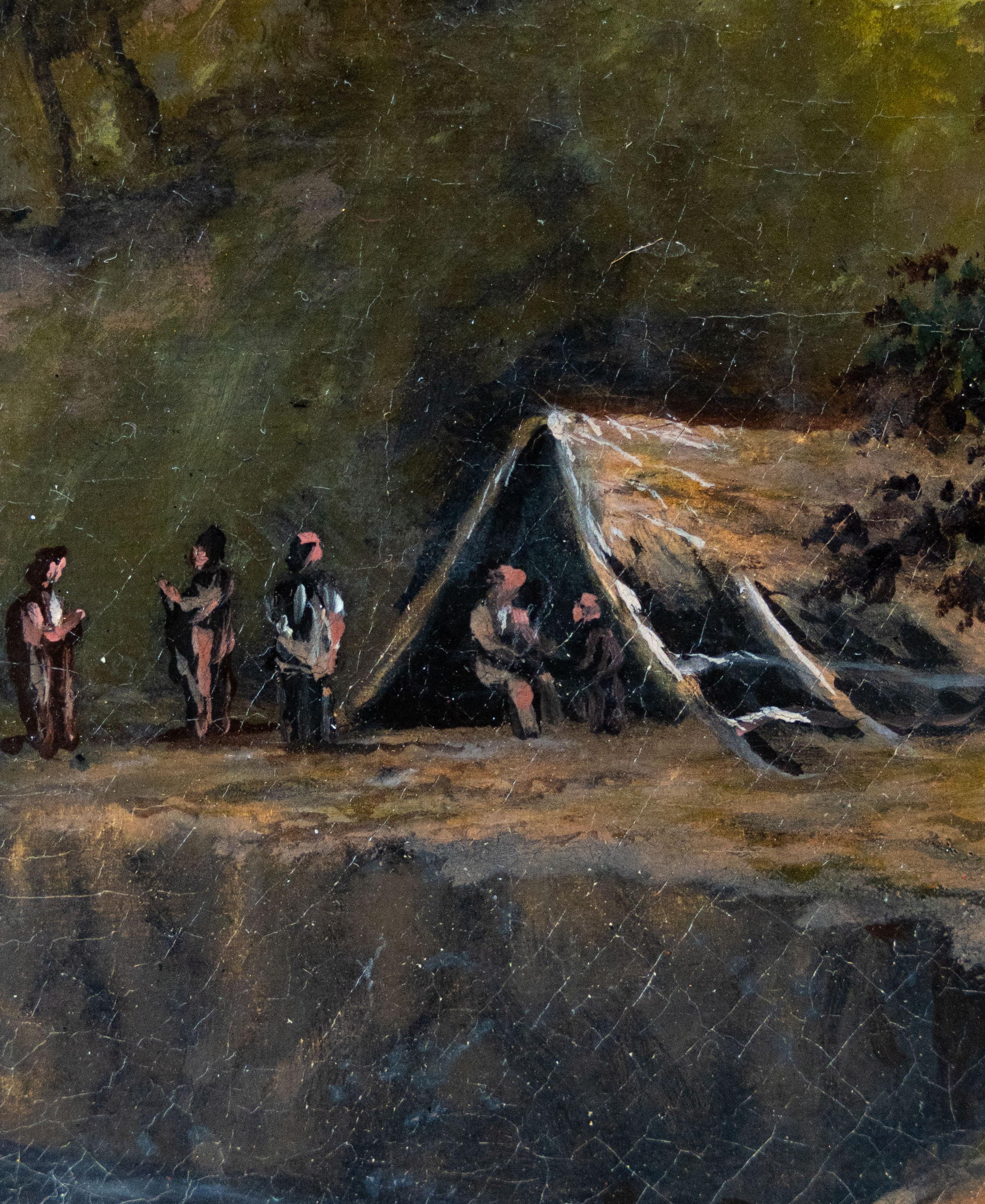 Diese heitere Landschaft, die dem Kreis von Alexander Nasmyth zugeschrieben wird, zeigt eine ruhige Seeszene, eingerahmt von majestätischen Bergen, die sich zu beiden Seiten erheben. Im Vordergrund versammeln sich drei Männer neben einem kleinen