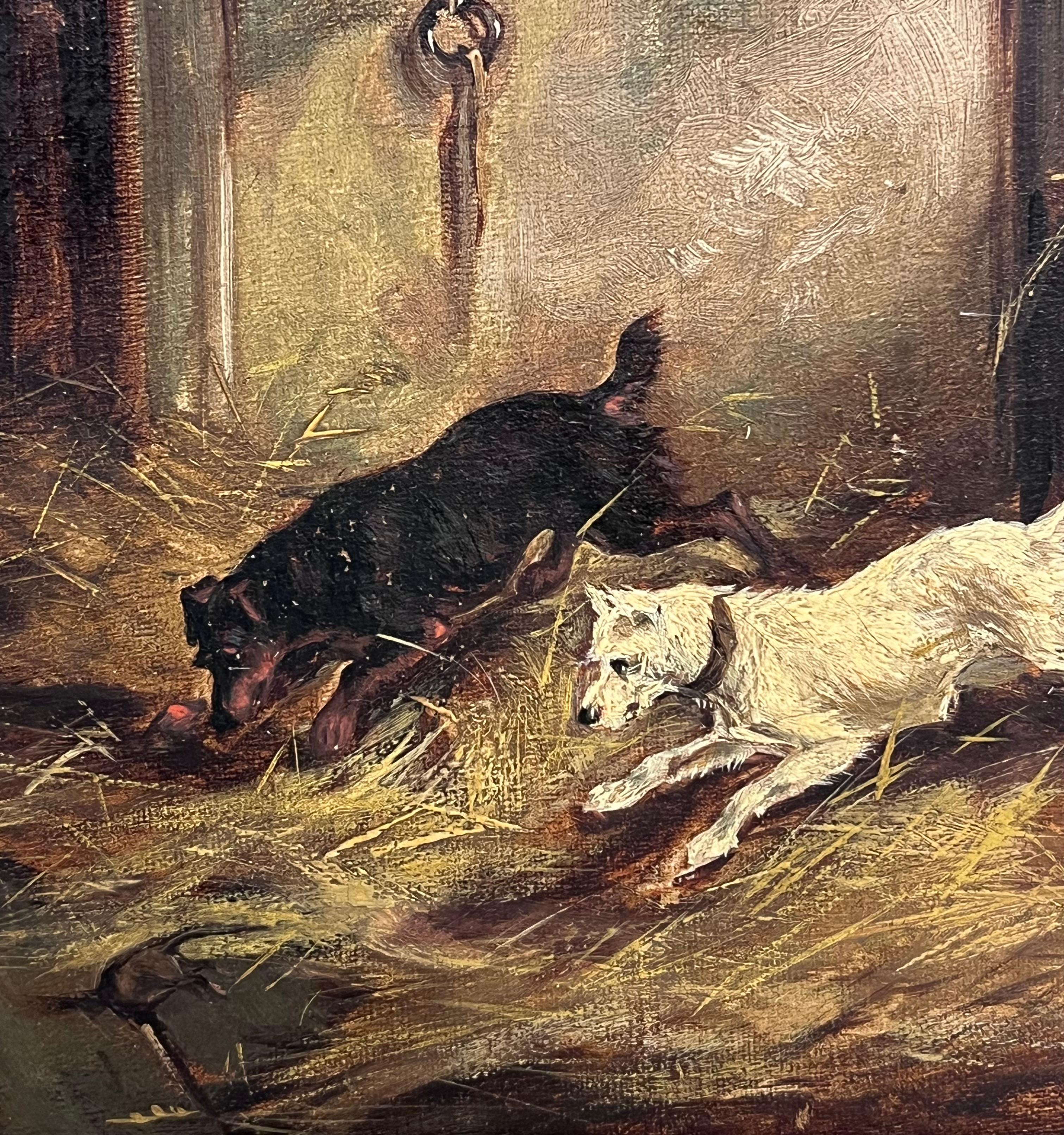 Antique English Victorian Dog Painting Terriers in Stable Barn Interior Ratting - Brown Interior Painting by Circle of Alfred Banner (act.c.1880-c.1915) 