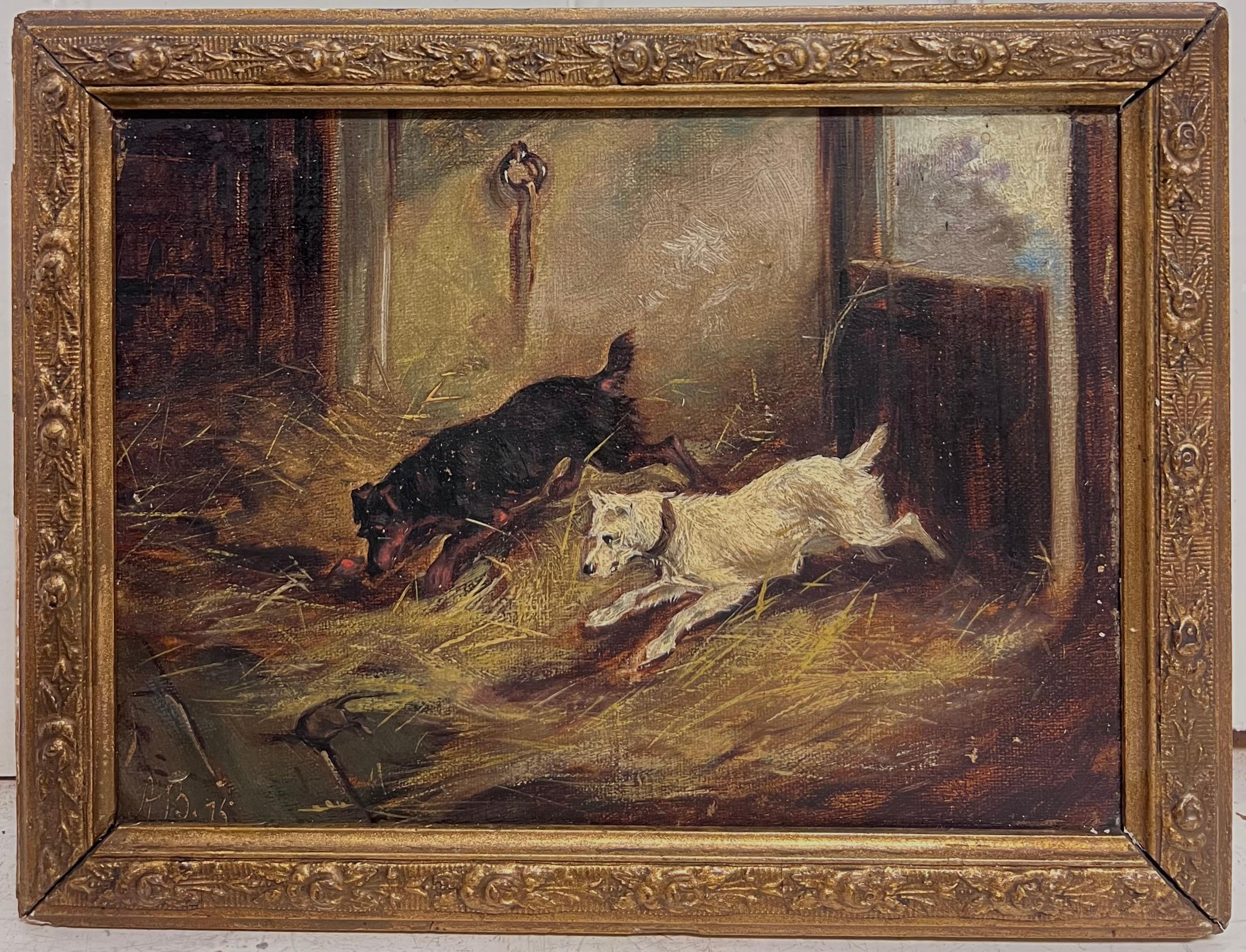 Terriers Ratting in Stable
Circle of Alfred Banner (act.c.1880-c.1915) 
incised initials 