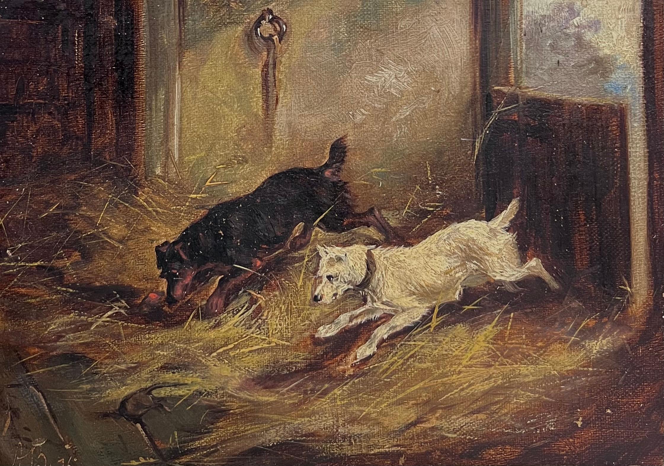 Antique English Victorian Dog Painting Terriers in Stable Barn Interior Ratting For Sale 1