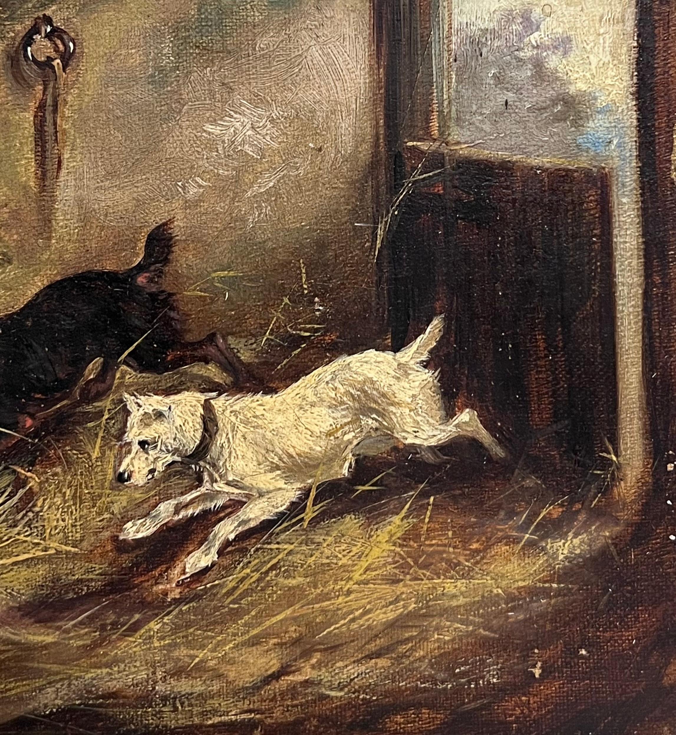 Antique English Victorian Dog Painting Terriers in Stable Barn Interior Ratting For Sale 2