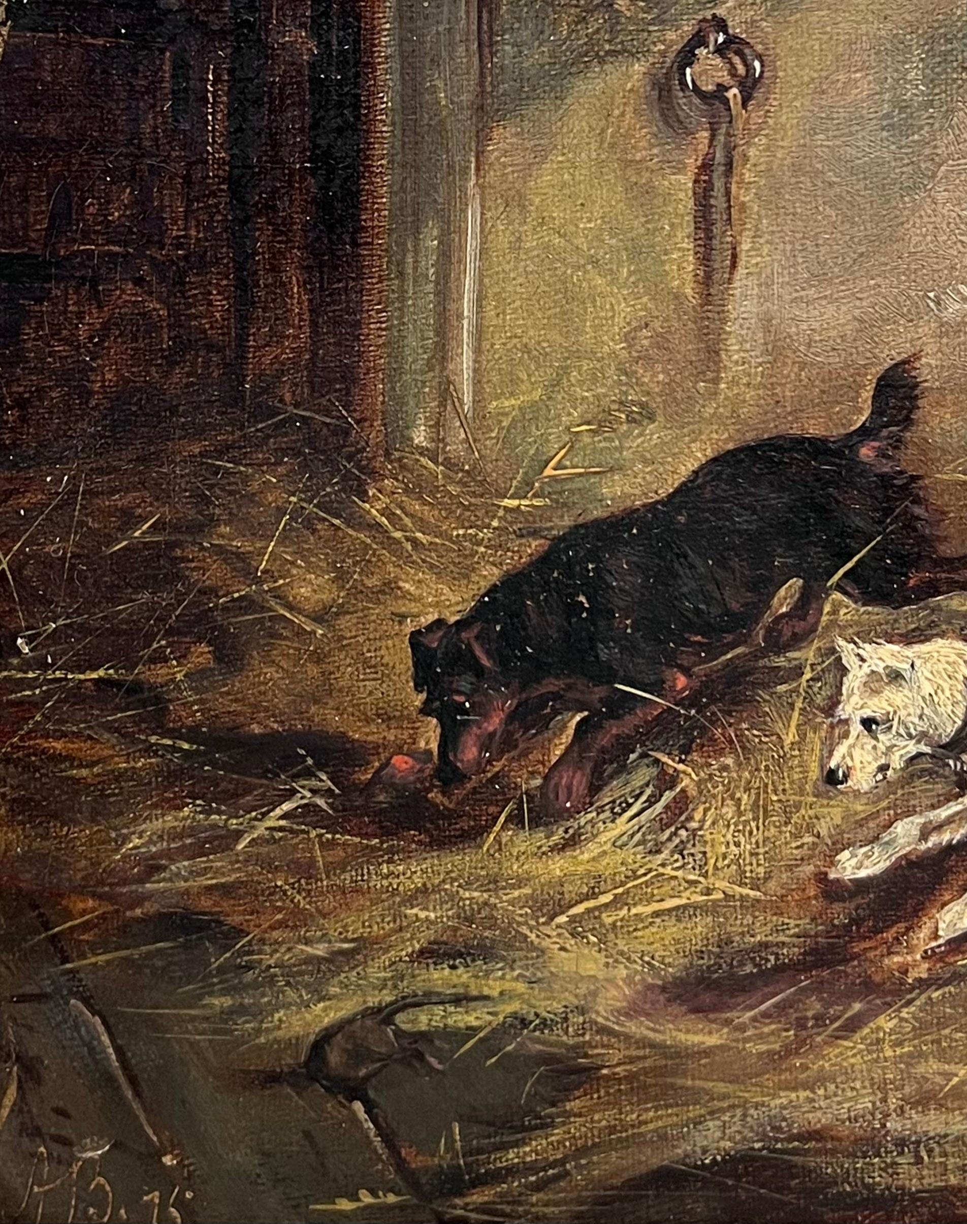 Antique English Victorian Dog Painting Terriers in Stable Barn Interior Ratting For Sale 3