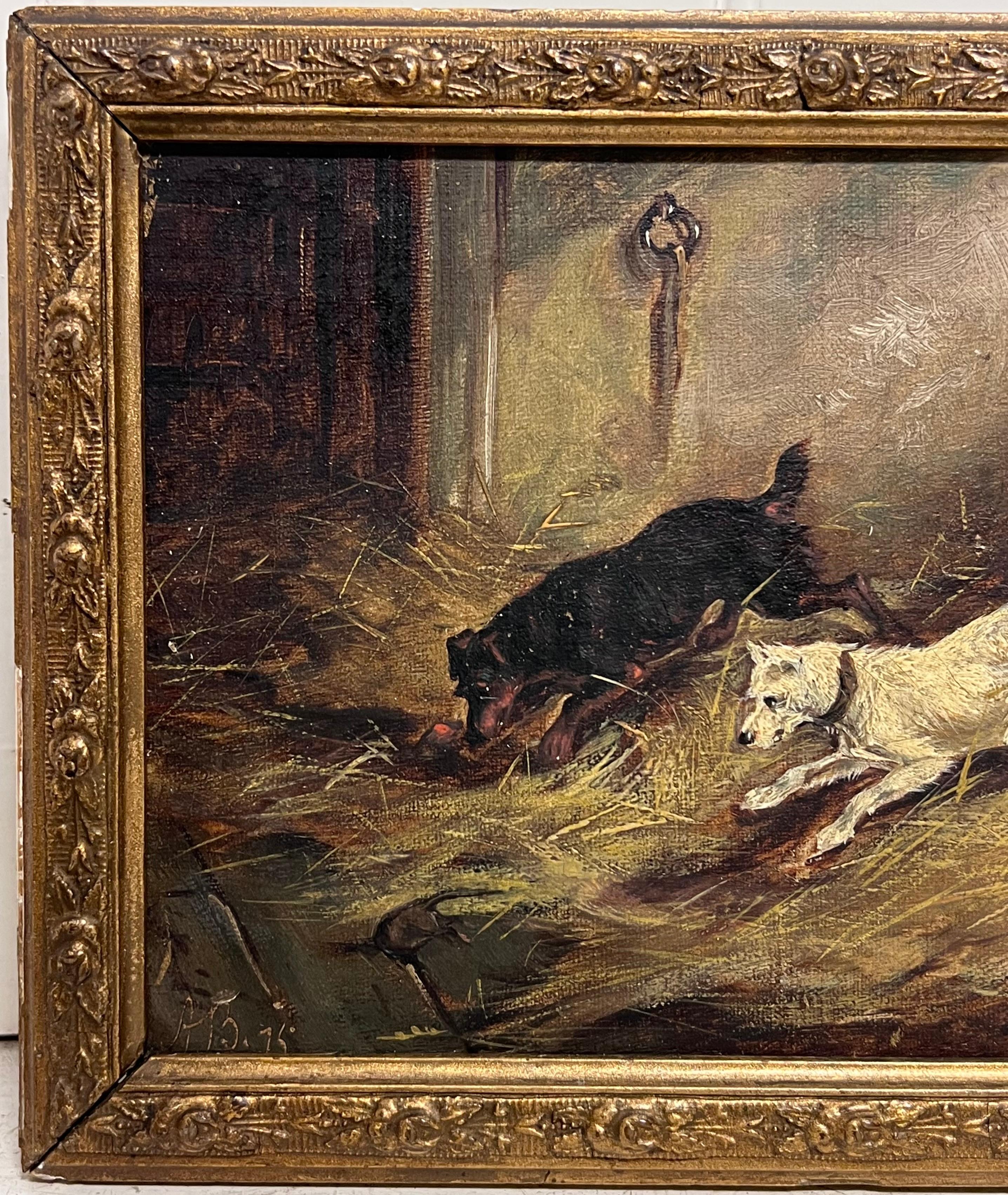 Antique English Victorian Dog Painting Terriers in Stable Barn Interior Ratting For Sale 4