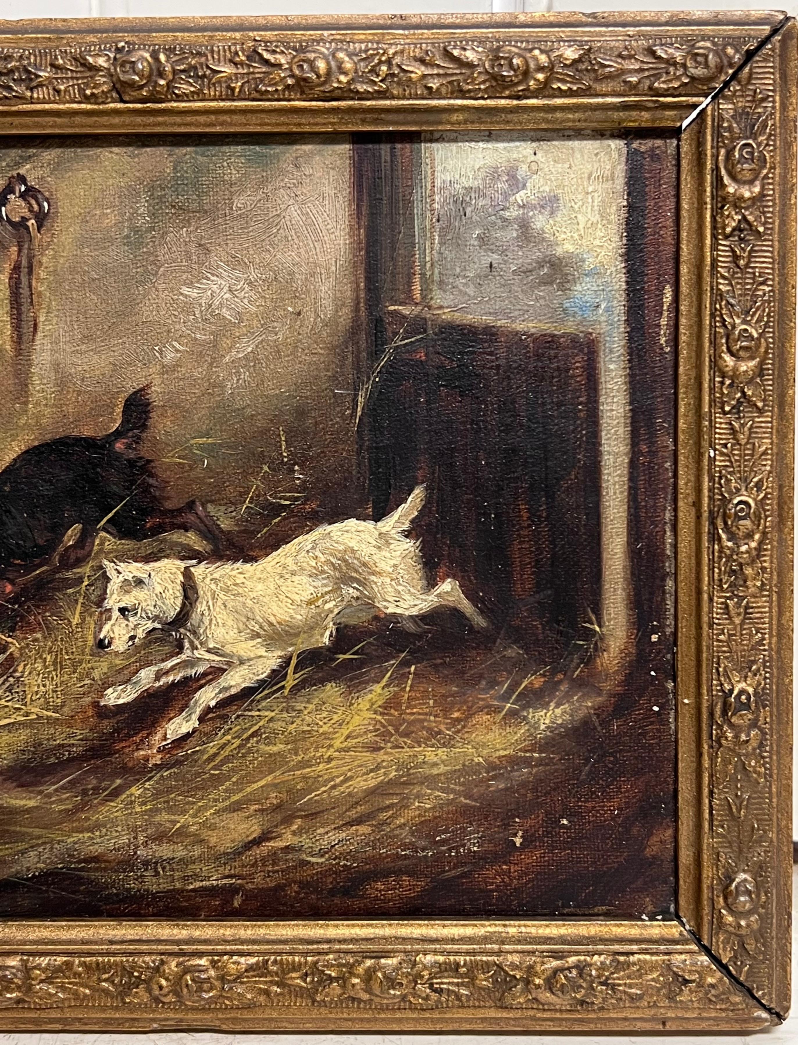 Antique English Victorian Dog Painting Terriers in Stable Barn Interior Ratting For Sale 5
