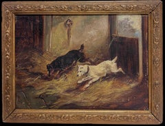Antique English Victorian Dog Painting Terriers in Stable Barn Interior Ratting
