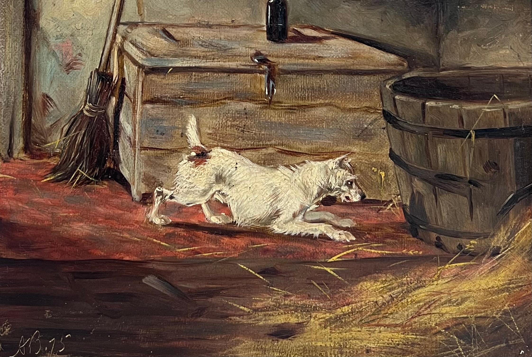 Victorian 19th Century English Dog Oil Painting Terrier Ratting in Barn Interior - Brown Interior Painting by Circle of Alfred Banner (act.c.1880-c.1915) 
