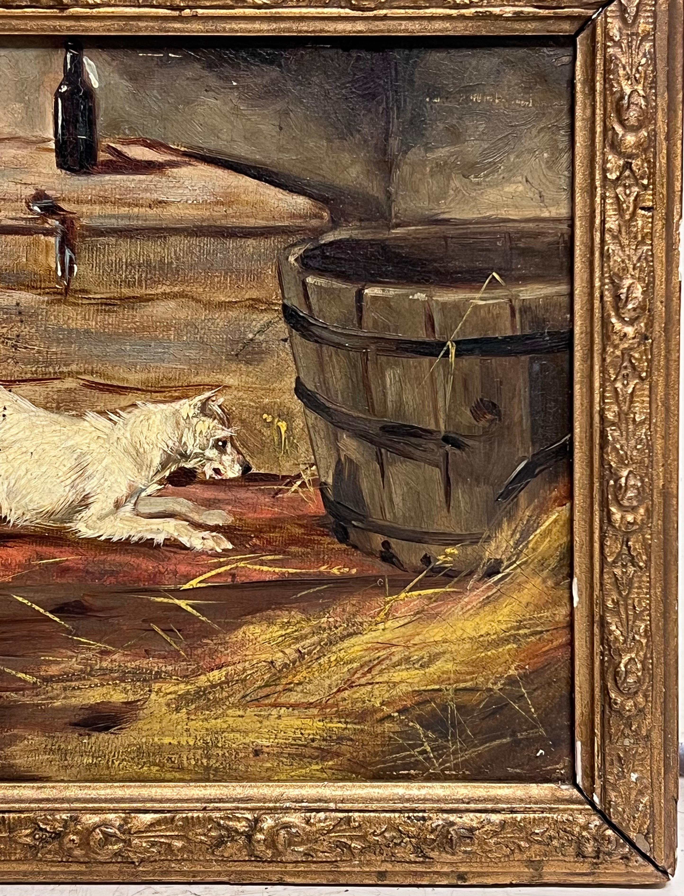 Terrier Ratting in Barn
English School, 19th century
Circle of Alfred Banner (act.c.1880-c.1915) 
signed with initials, dated 1875
oil on canvas, framed
framed: 7.5 x 9.5 inches
canvas : 6 x 8 inches
Provenance: private collection,