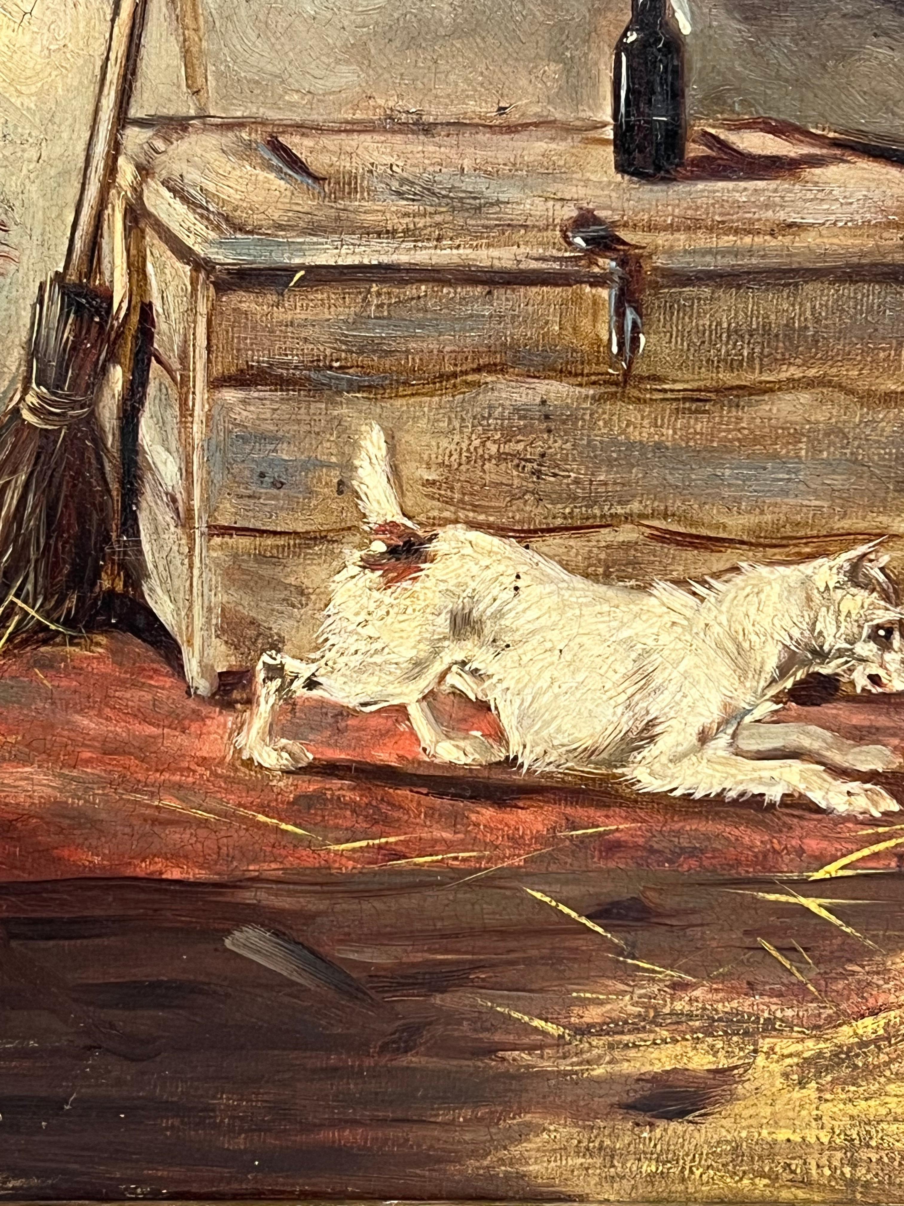 Victorian 19th Century English Dog Oil Painting Terrier Ratting in Barn Interior For Sale 1