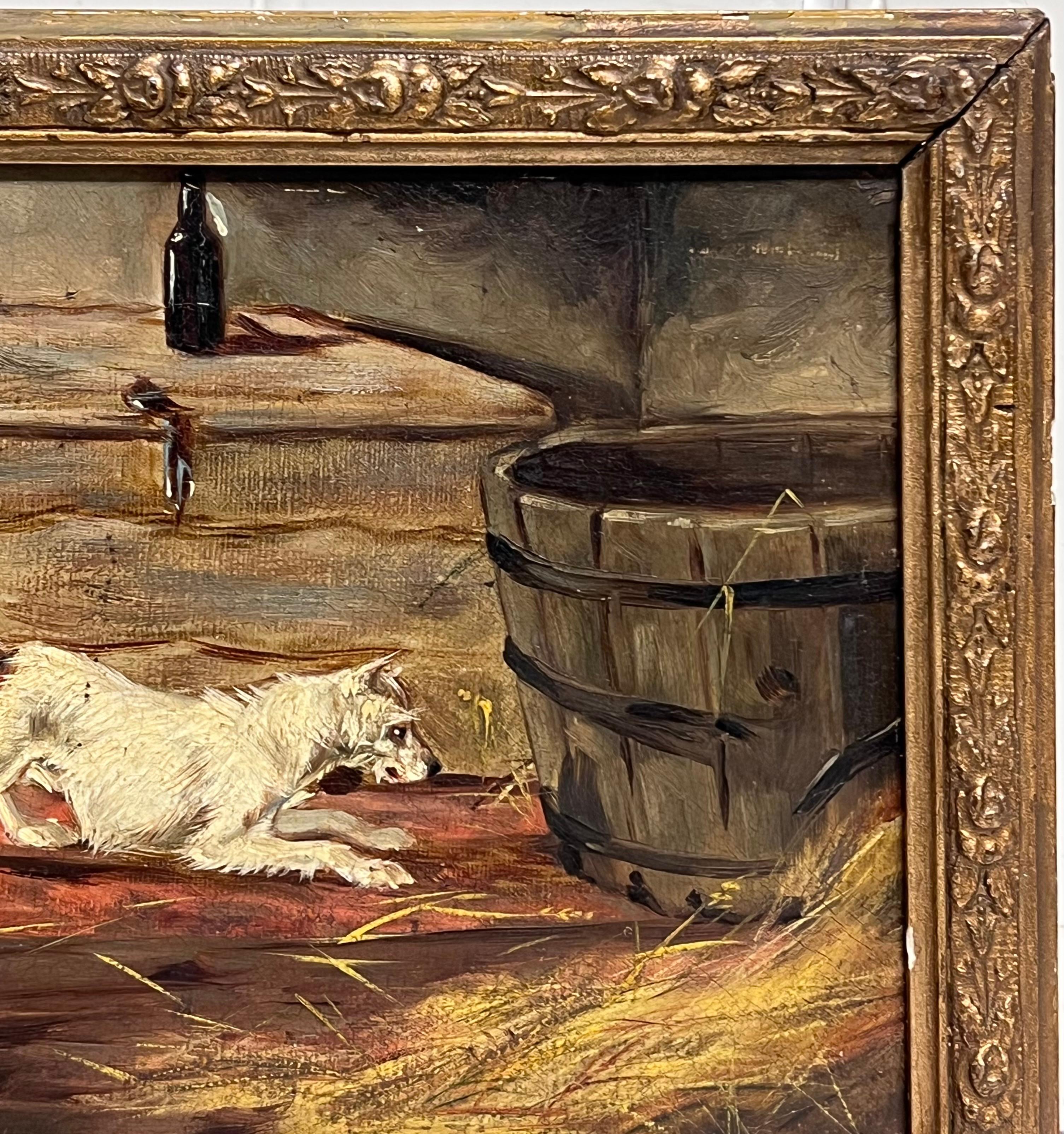 Victorian 19th Century English Dog Oil Painting Terrier Ratting in Barn Interior For Sale 4