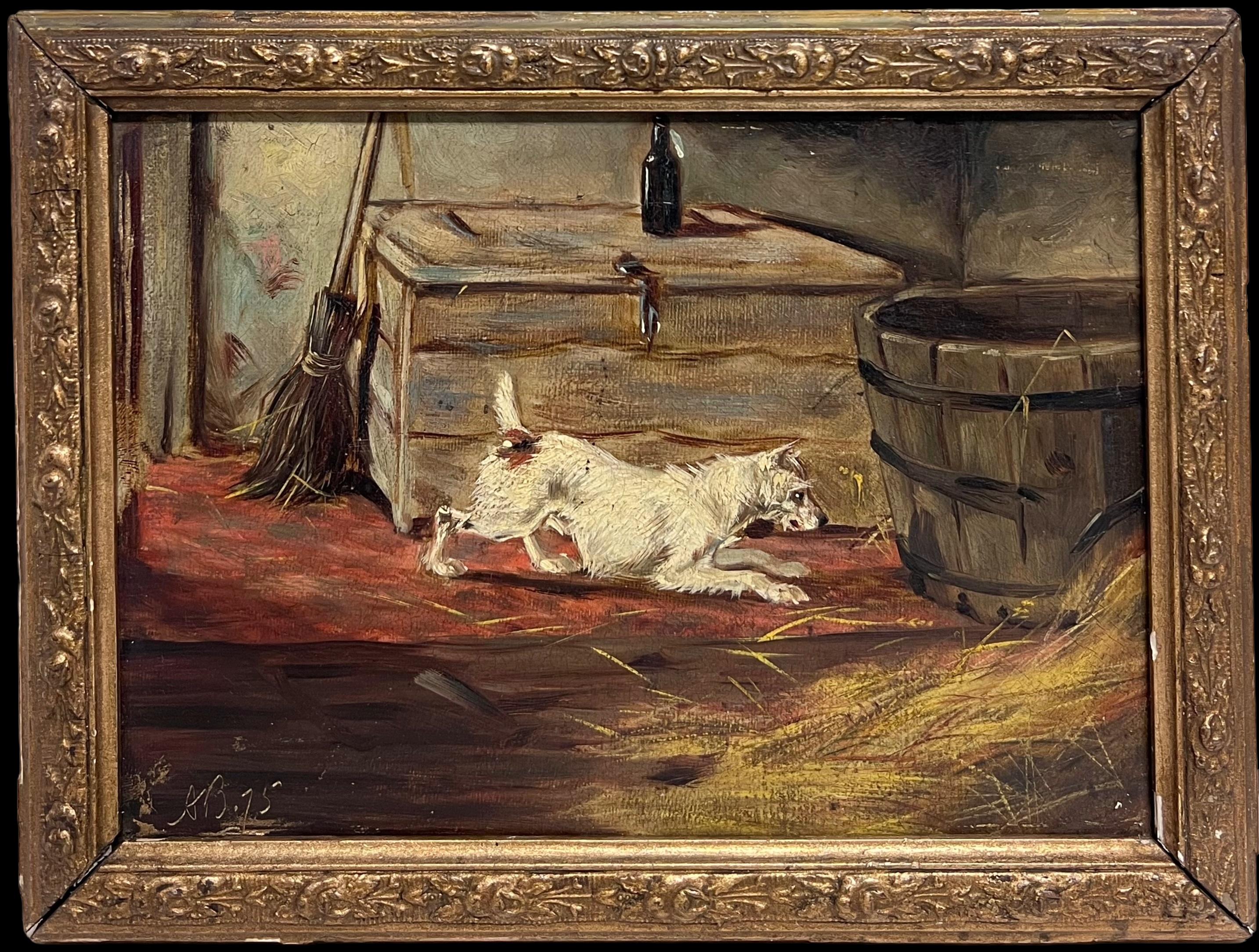 Circle of Alfred Banner (act.c.1880-c.1915)  Interior Painting - Victorian 19th Century English Dog Oil Painting Terrier Ratting in Barn Interior