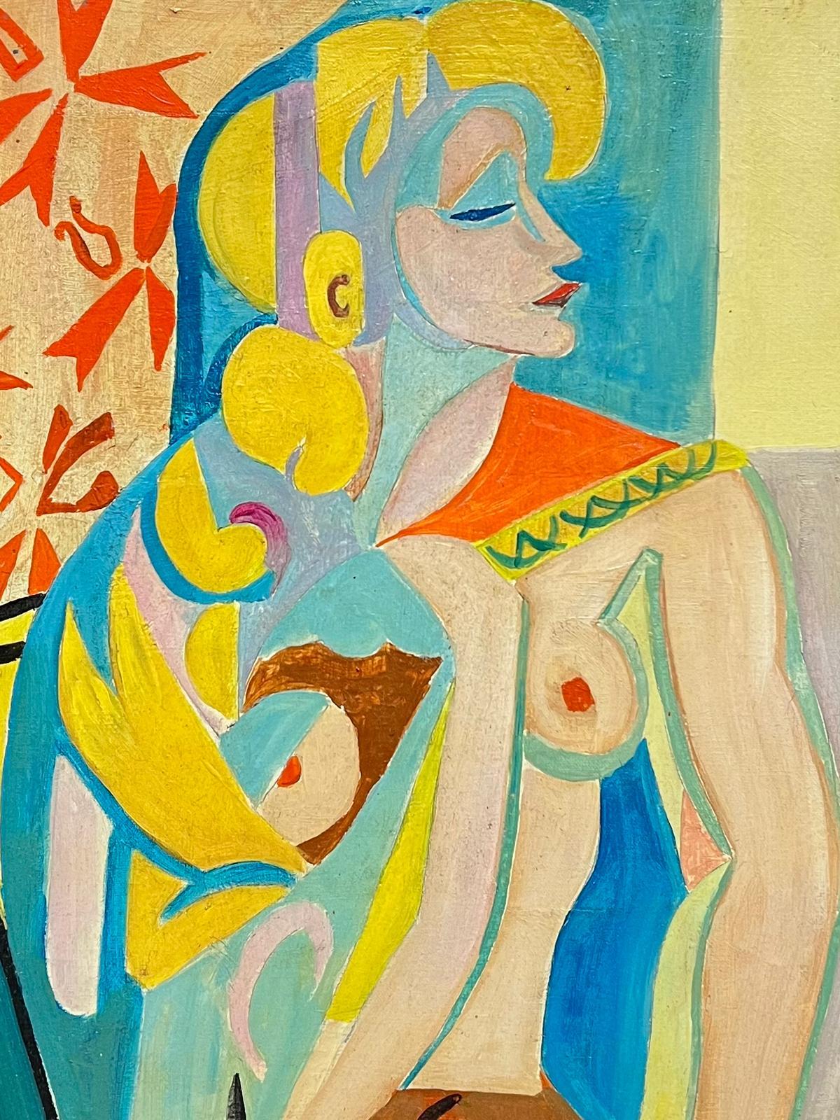 Pittura ad olio cubista francese del 1930 firmata Ritratto di donna nuda su tela incorniciata 2
