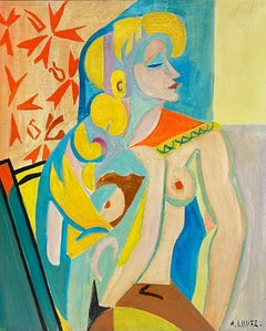Pittura ad olio cubista francese del 1930 firmata Ritratto di donna nuda su tela incorniciata