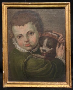 Fine 1600's Italian Baroque Master Portrait of Child with Pet Dog Oil Painting