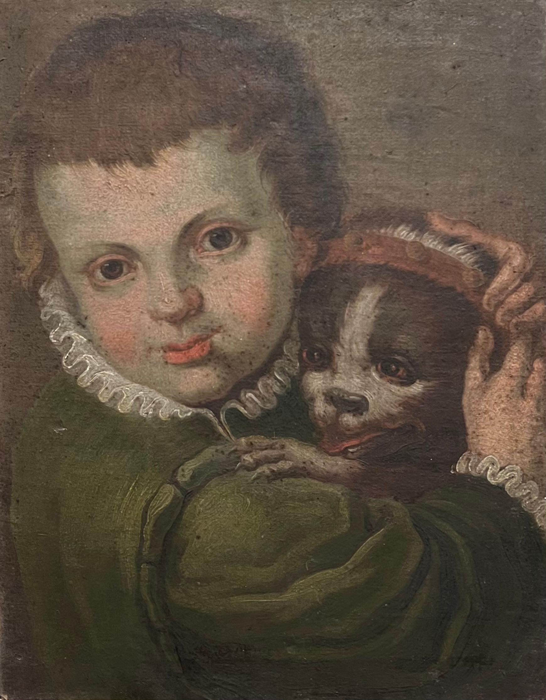 Raffinato ritratto barocco italiano del 1600 di un bambino con cane domestico dipinto ad olio - Painting Barocco di circle of Annibale Carracci
