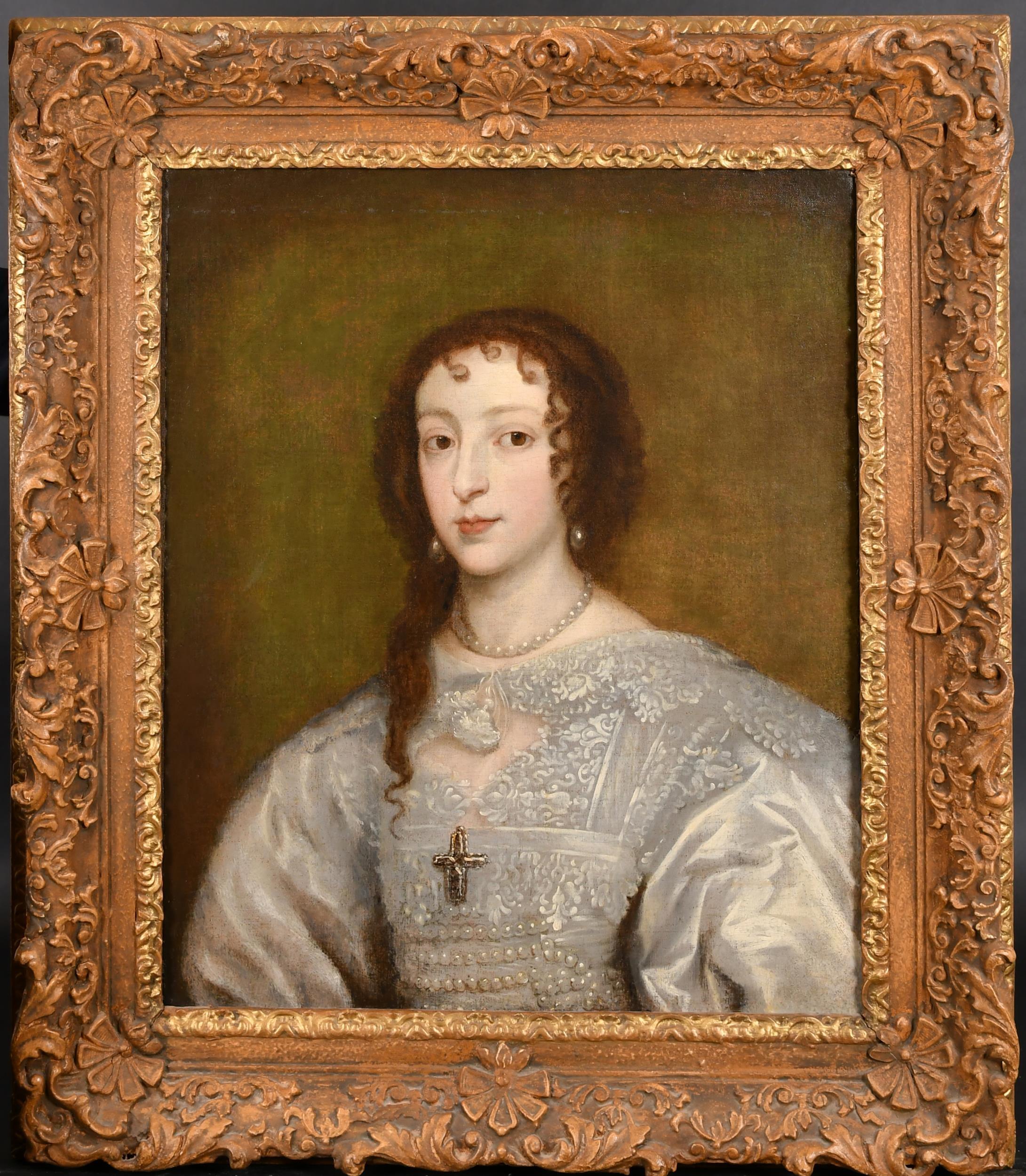 Portrait Painting de Circle of Anthony van Dyck (1599-1641) - Fino Retrato de la Reina Enriqueta María, Antiguo Maestro del Siglo XVII Marco Excepcional