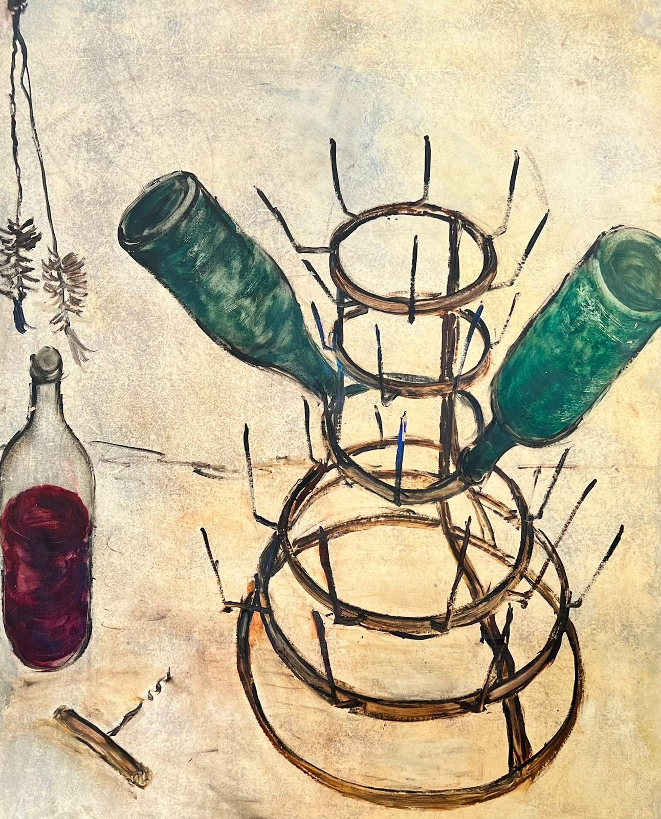 Bouteilles de vin à l'huile expressionniste française des années 1960 séchant sur un support métallique - Painting de Circle of Bernard Buffet