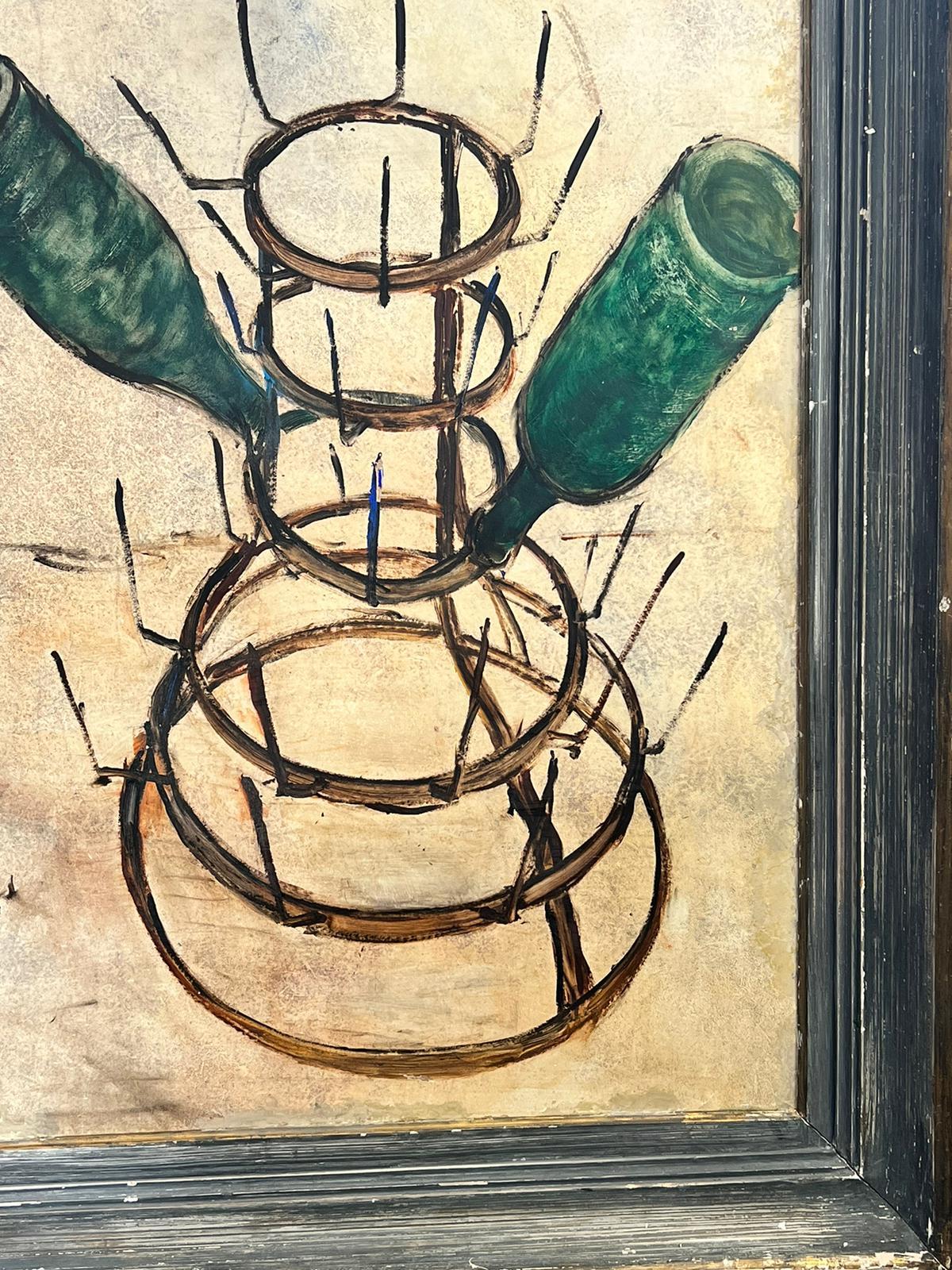 Bouteilles de vin à l'huile expressionniste française des années 1960 séchant sur un support métallique - Expressionniste Painting par Circle of Bernard Buffet