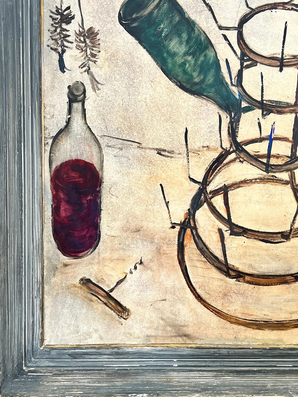 Bouteilles de vin à l'huile expressionniste française des années 1960 séchant sur un support métallique en vente 1
