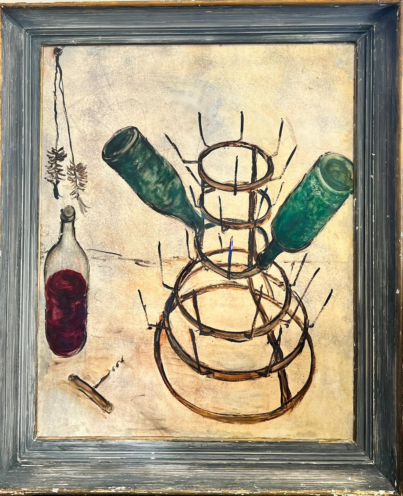 Circle of Bernard Buffet Interior Painting - 1960’s French Expressionist Oil Wine Bottles Drying on Metal Rack