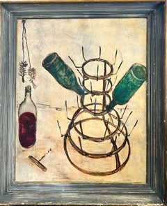 Bouteilles de vin à l'huile expressionniste française des années 1960 séchant sur un support métallique