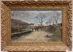 19th-Century French Oil Painting Country Road with Horse-Drawn Cart & Figure