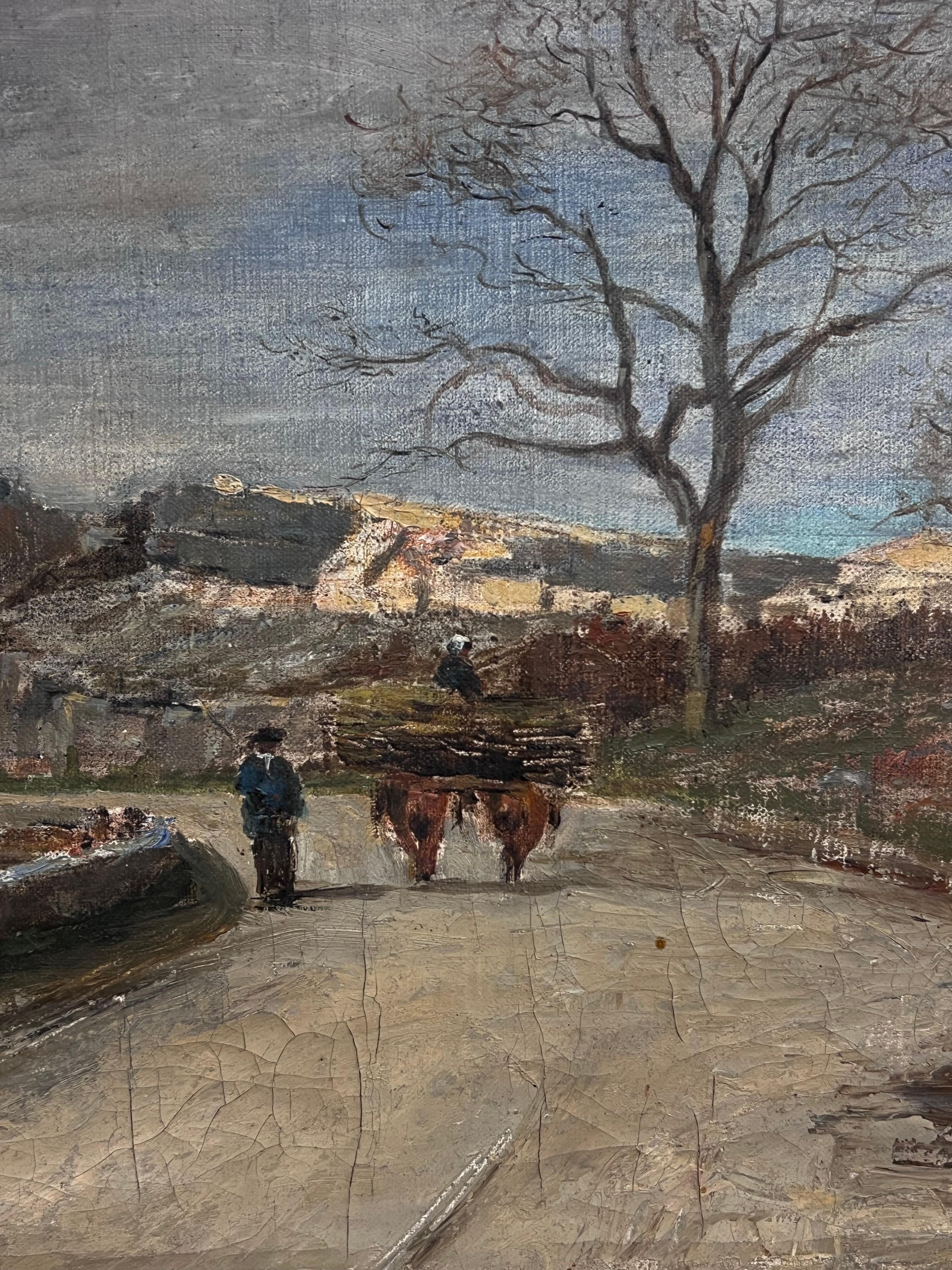 19th-Century French Oil Painting Country Road with Horse-Drawn Cart & Figure For Sale 1