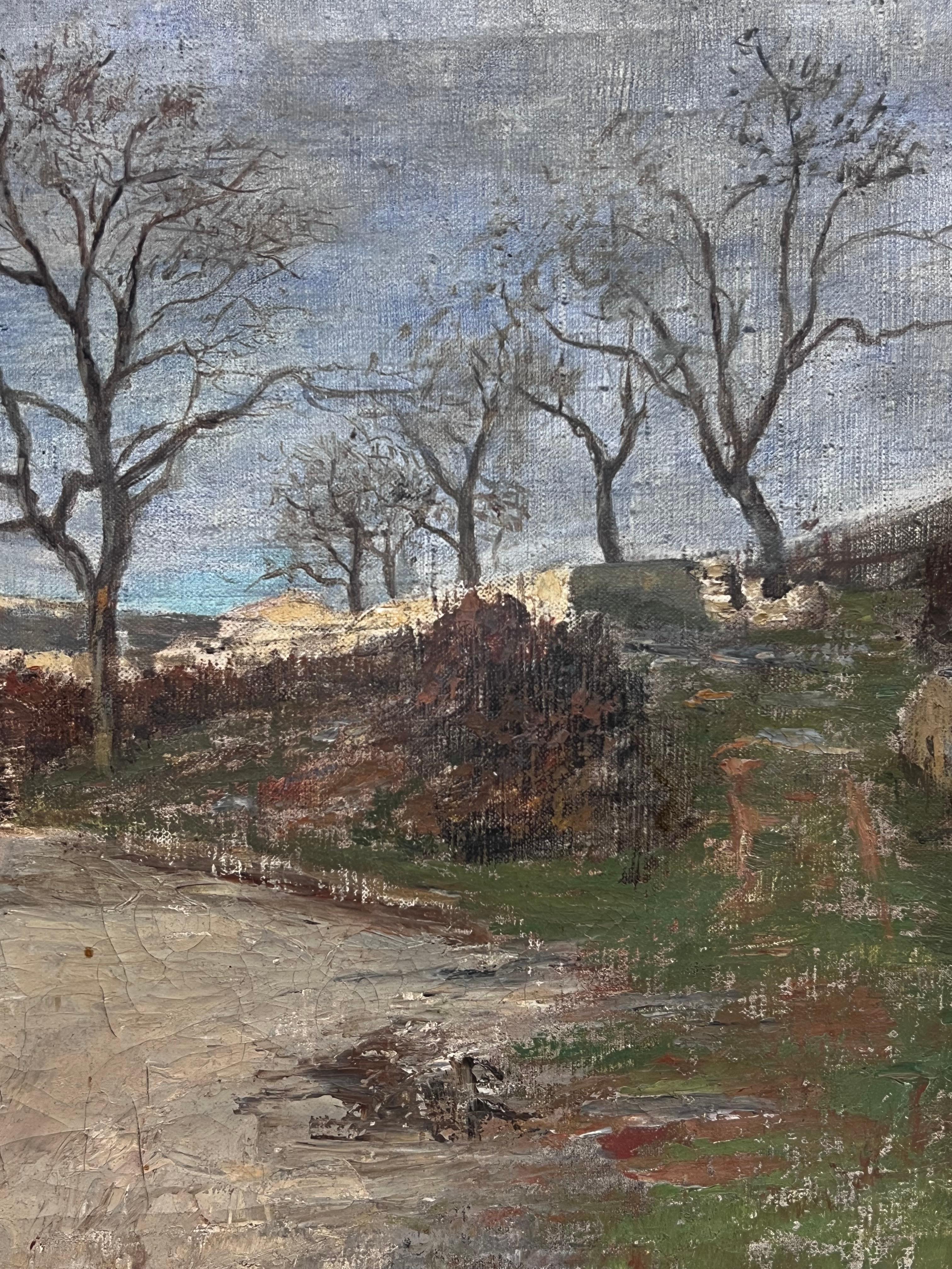 19th-Century French Oil Painting Country Road with Horse-Drawn Cart & Figure For Sale 2