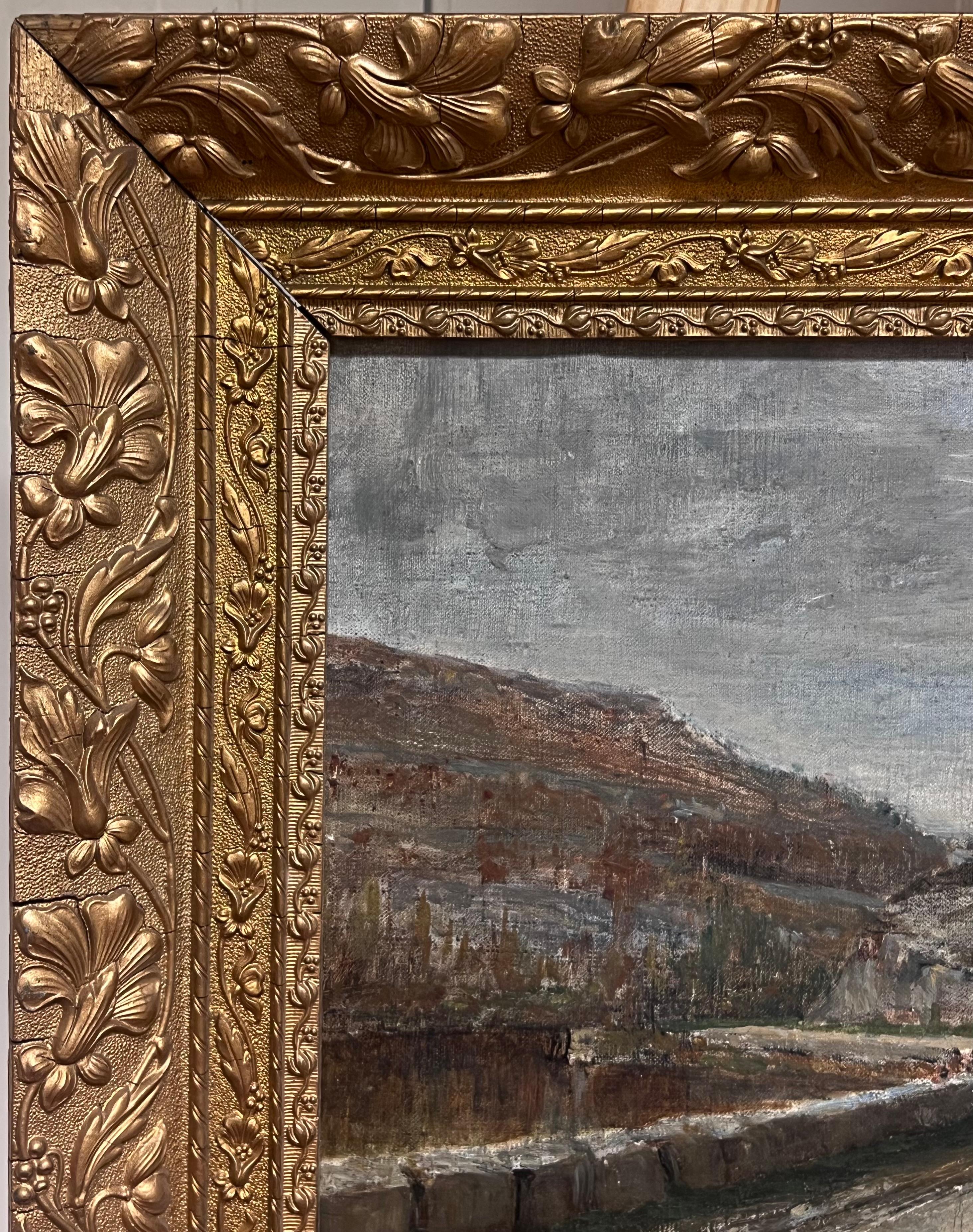 19th-Century French Oil Painting Country Road with Horse-Drawn Cart & Figure For Sale 3
