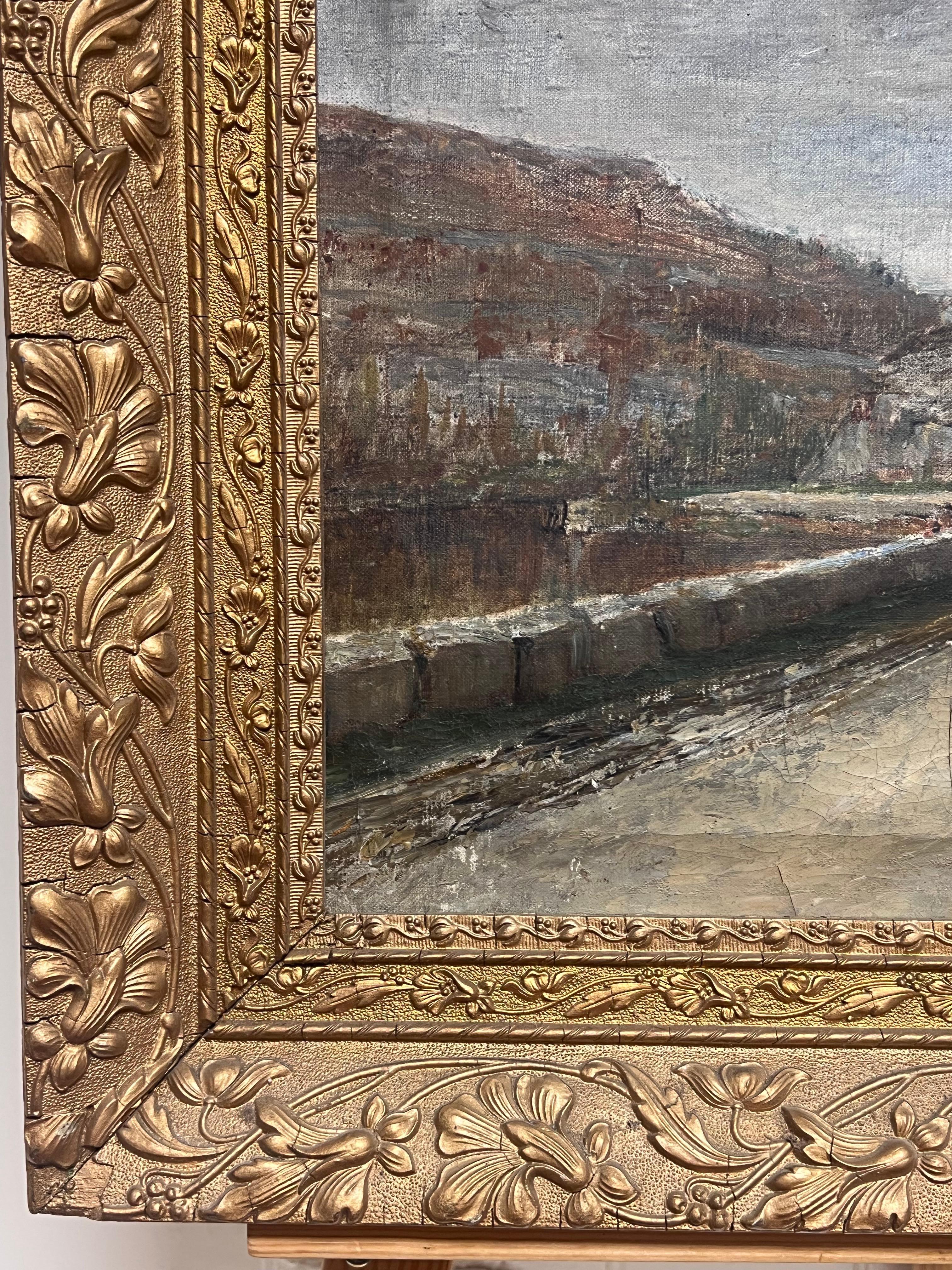 19th-Century French Oil Painting Country Road with Horse-Drawn Cart & Figure For Sale 4