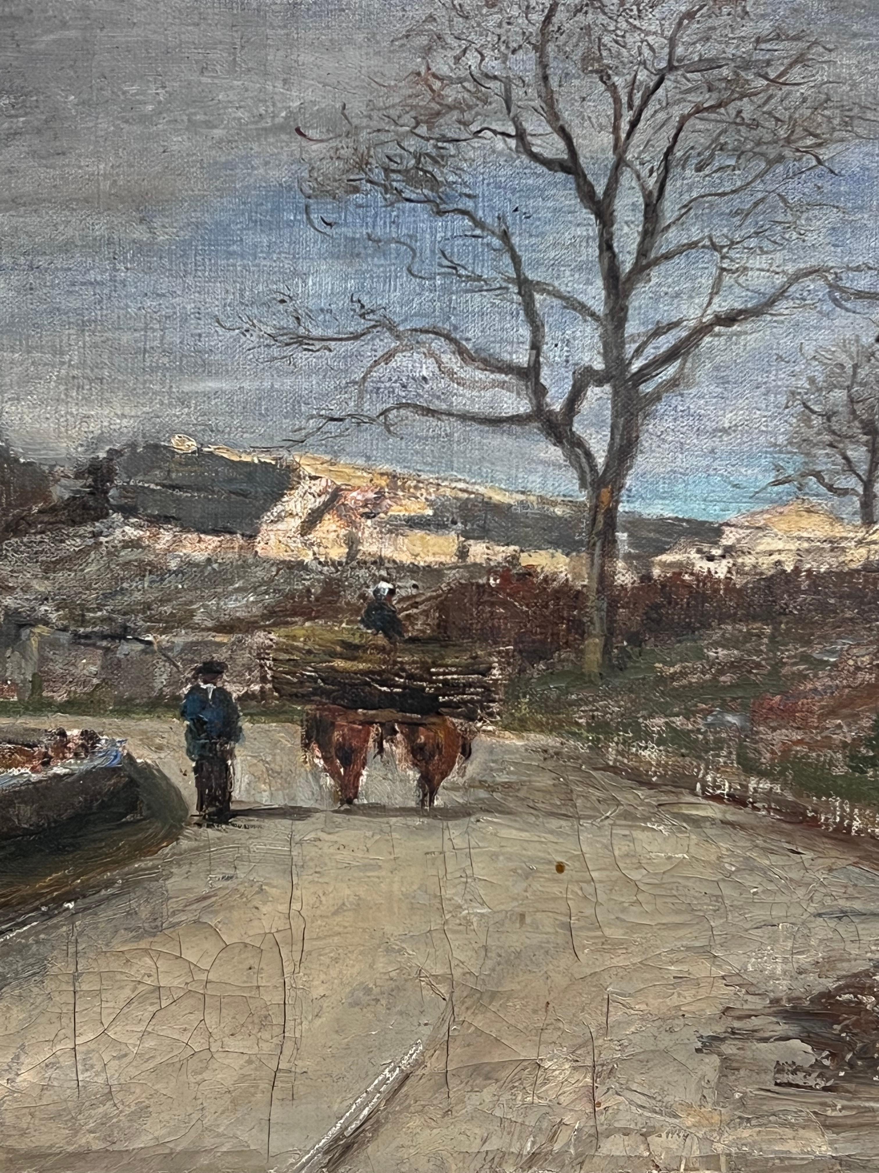 19th-Century French Oil Painting Country Road with Horse-Drawn Cart & Figure For Sale 5