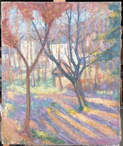Fine Antique French Impressionist Oil Painting Woodland Gardens Old Stone House (peinture à l'huile impressionniste française)
