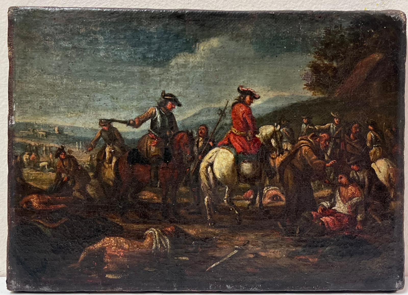 Camp militaire Soldats à cheval Crépuscule Paysage 1700 Peinture à l'huile - Painting de Circle of Carel van Falens (1683-1733)