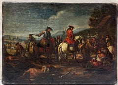 Military Encampment Soldiers on Horseback Dusk Landscape 1700's Oil Painting