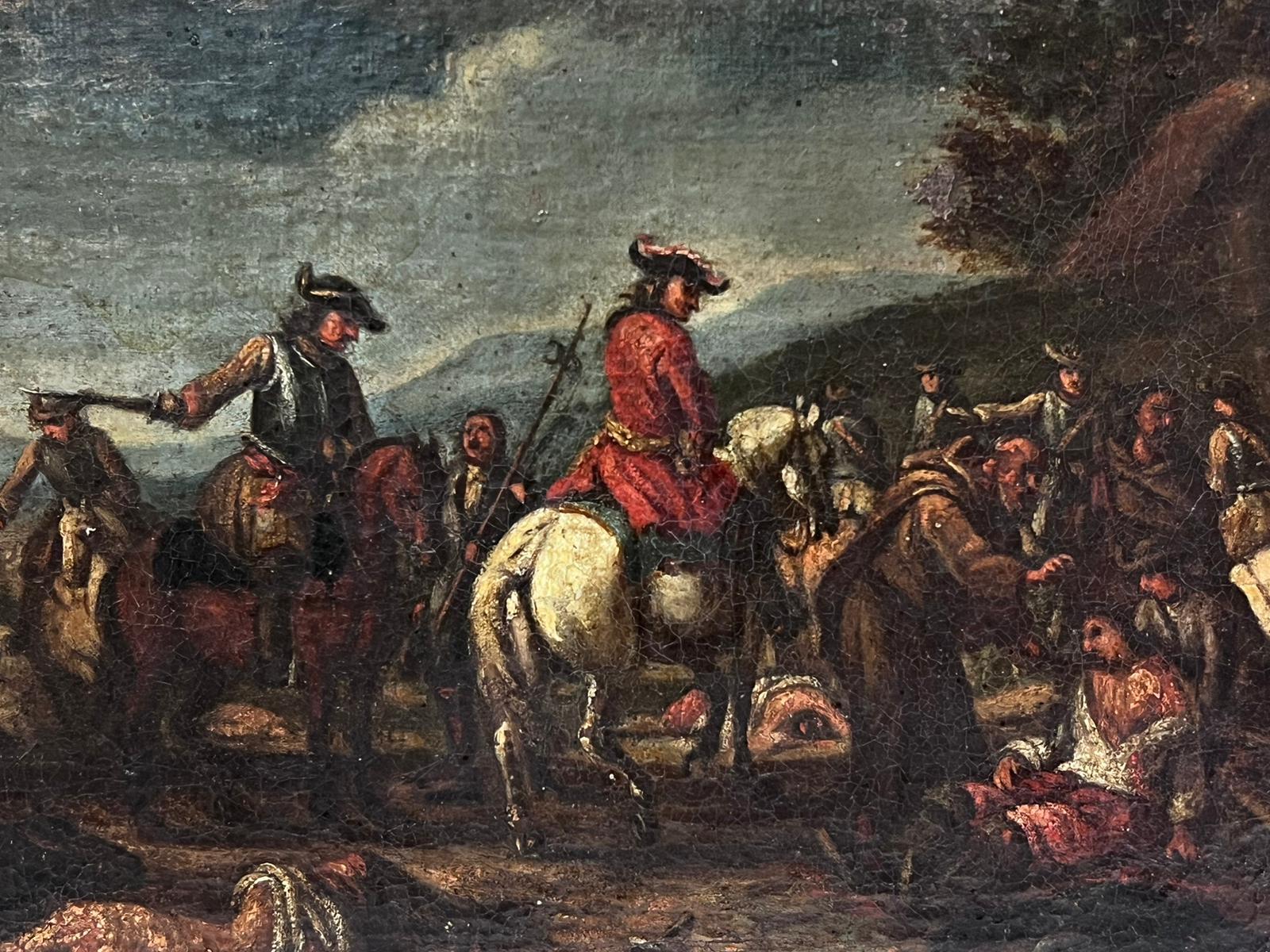 Camp militaire Soldats à cheval Crépuscule Paysage 1700 Peinture à l'huile - Maîtres anciens Painting par Circle of Carel van Falens (1683-1733)